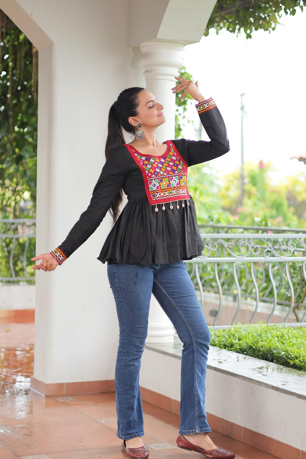 Black Roman Silk Top with Kutchi Gamthi Work