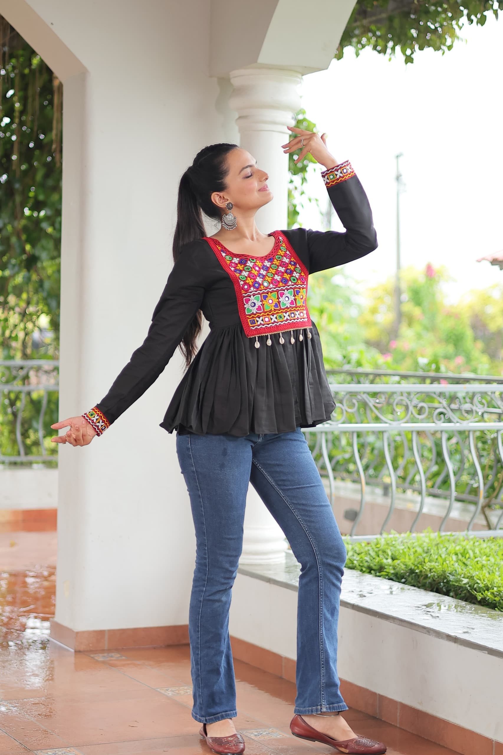 Black Roman Silk Top with Kutchi Gamthi Work