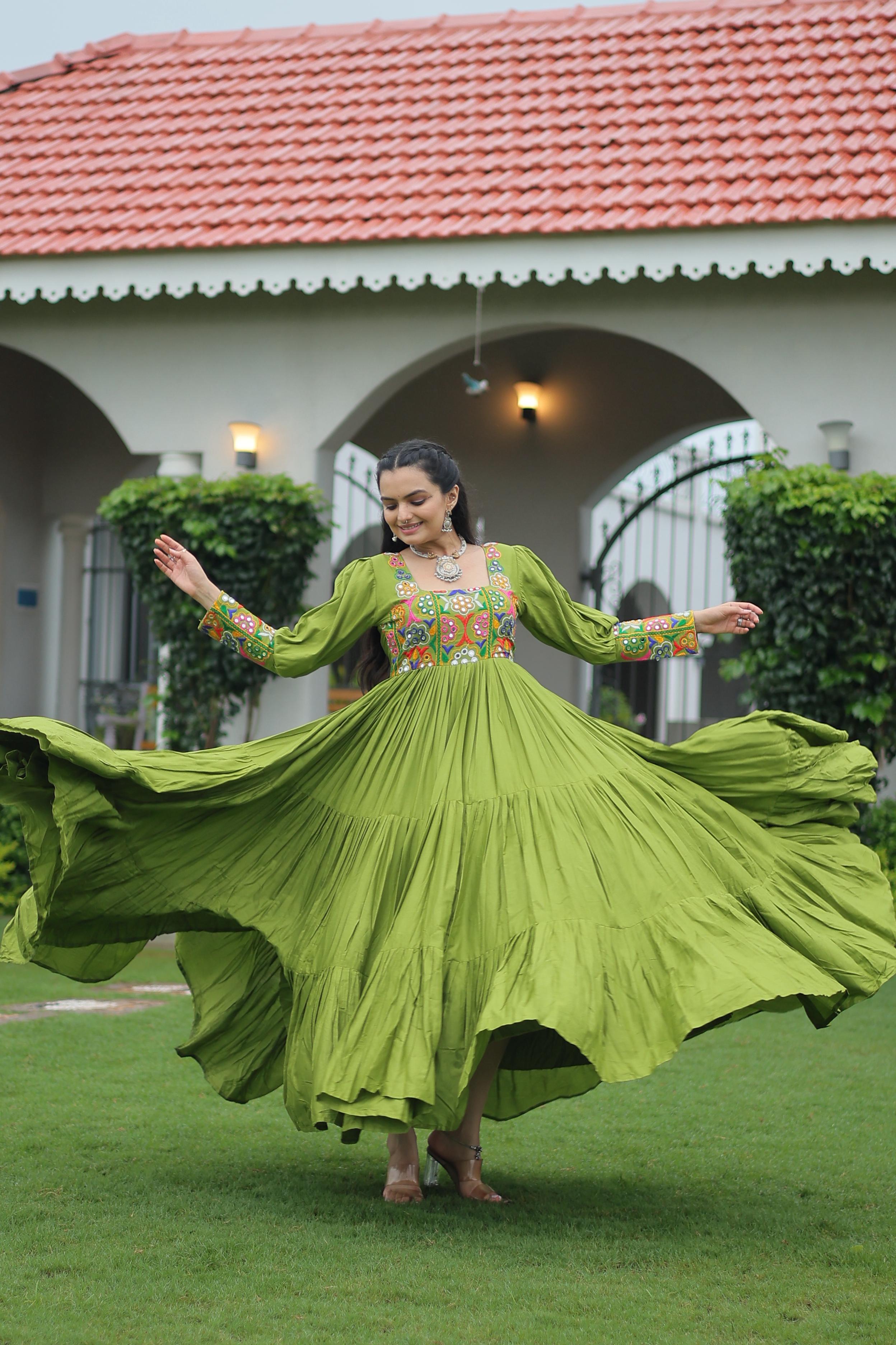 Parrot Rayon Navaratri Gown with Kutchi Gamthi Work