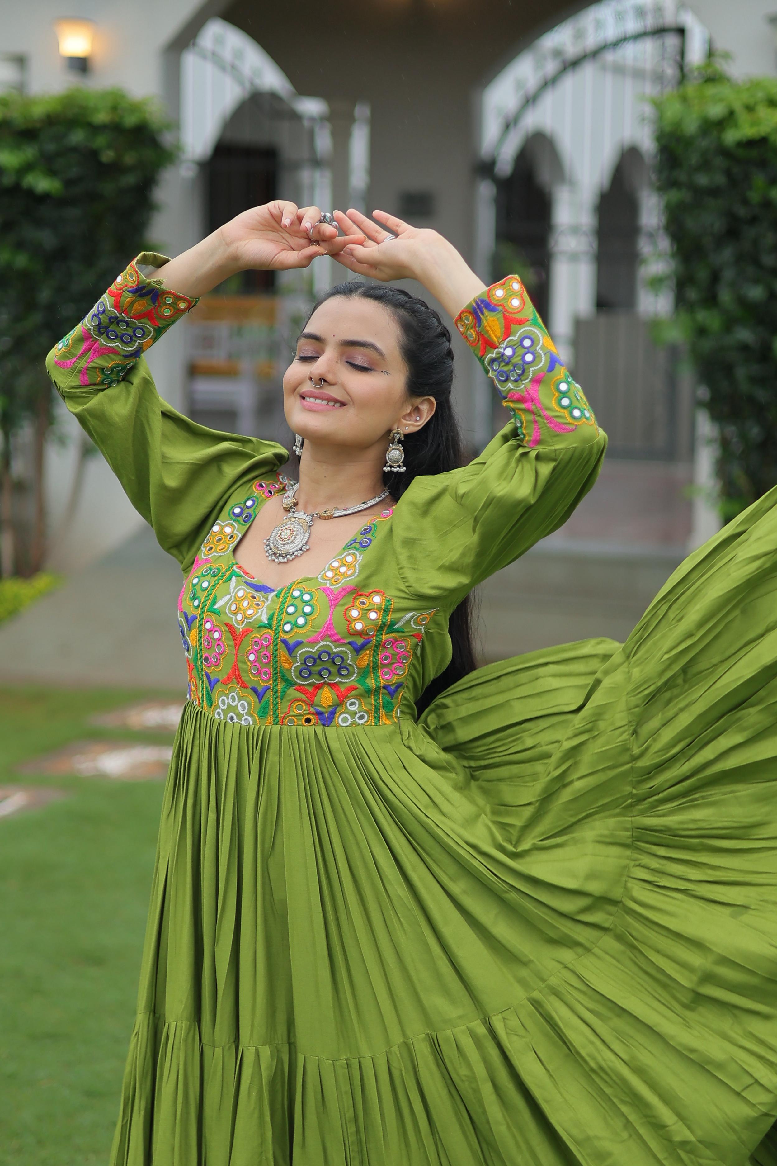 Parrot Rayon Navaratri Gown with Kutchi Gamthi Work