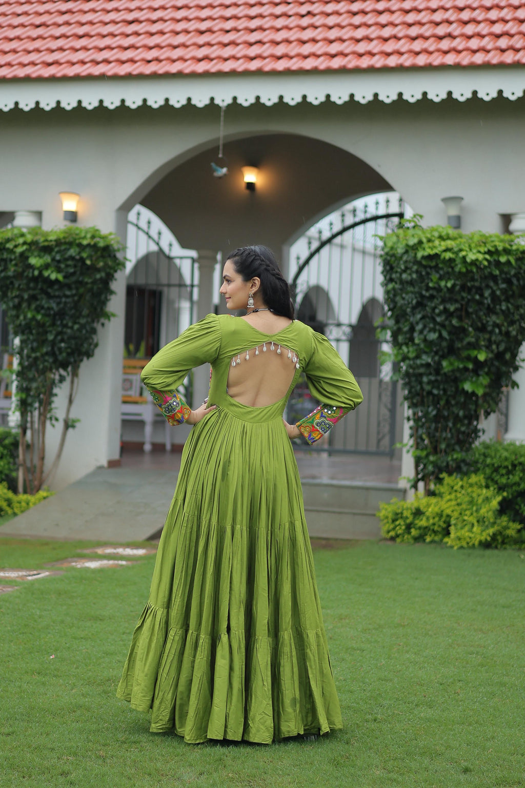 Parrot Rayon Navaratri Gown with Kutchi Gamthi Work