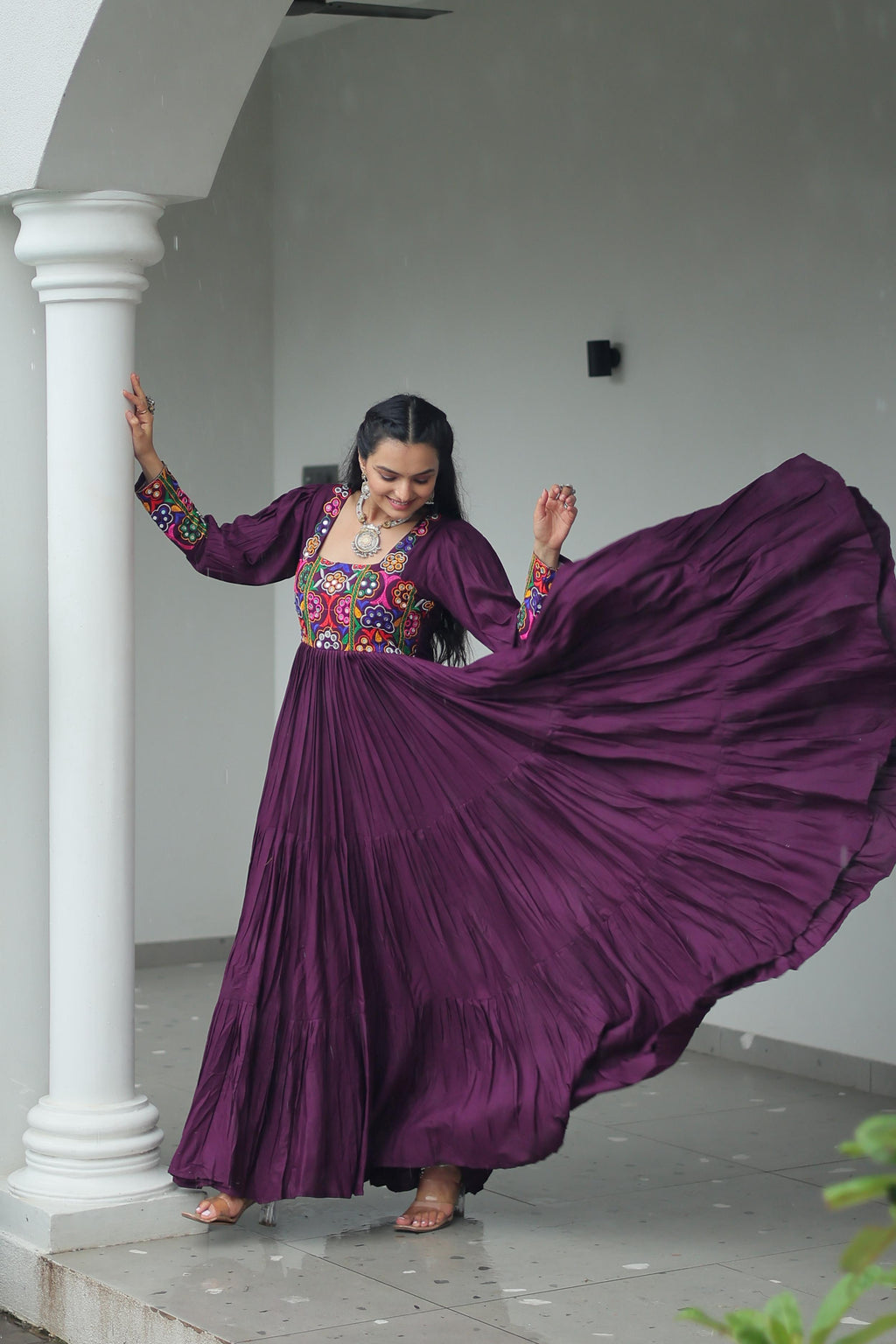 Wine Rayon Kutchi Gamthi Work Navaratri Gown for Women