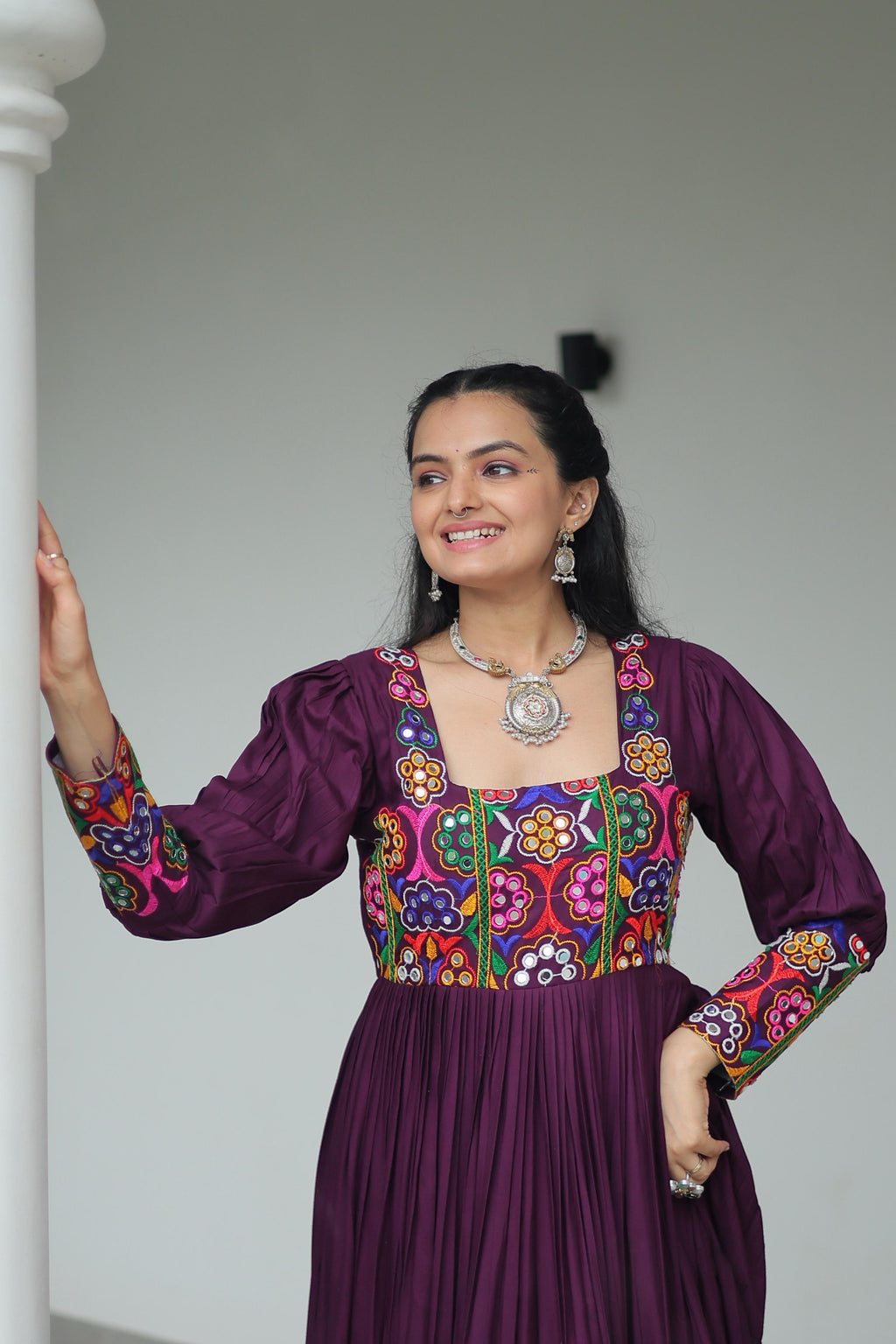 Wine Rayon Kutchi Gamthi Work Navaratri Gown for Women