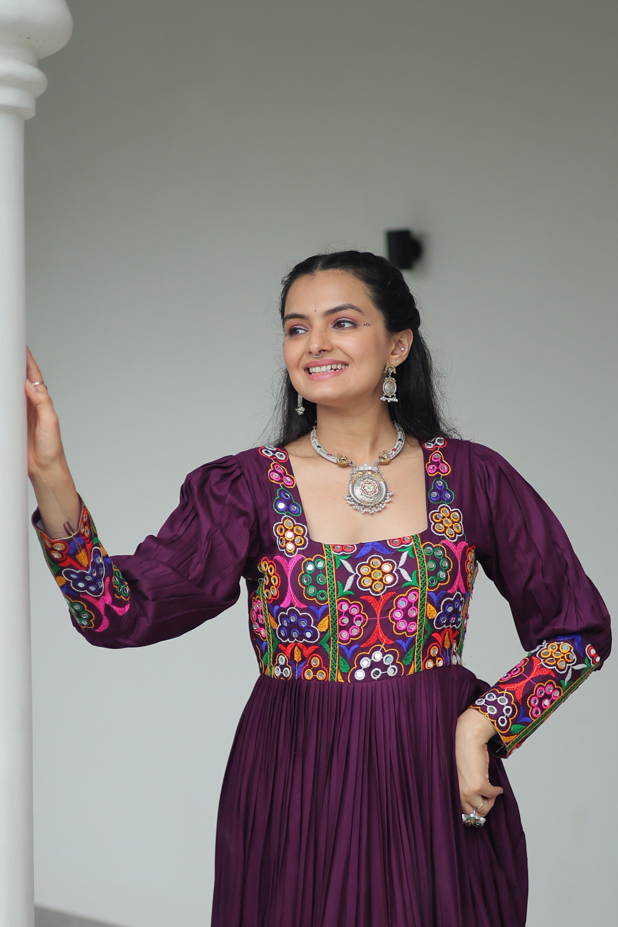 Wine Rayon Kutchi Gamthi Work Navaratri Gown for Women