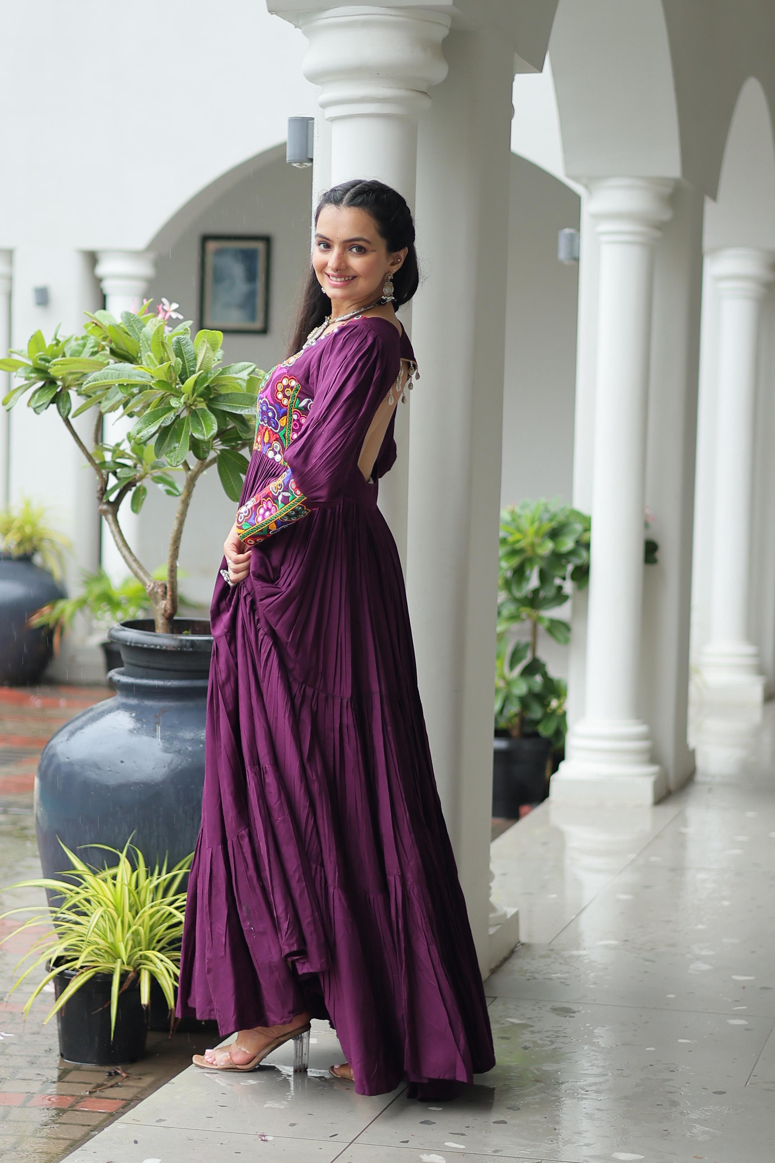 Wine Rayon Kutchi Gamthi Work Navaratri Gown for Women