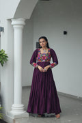Wine Rayon Kutchi Gamthi Work Navaratri Gown for Women