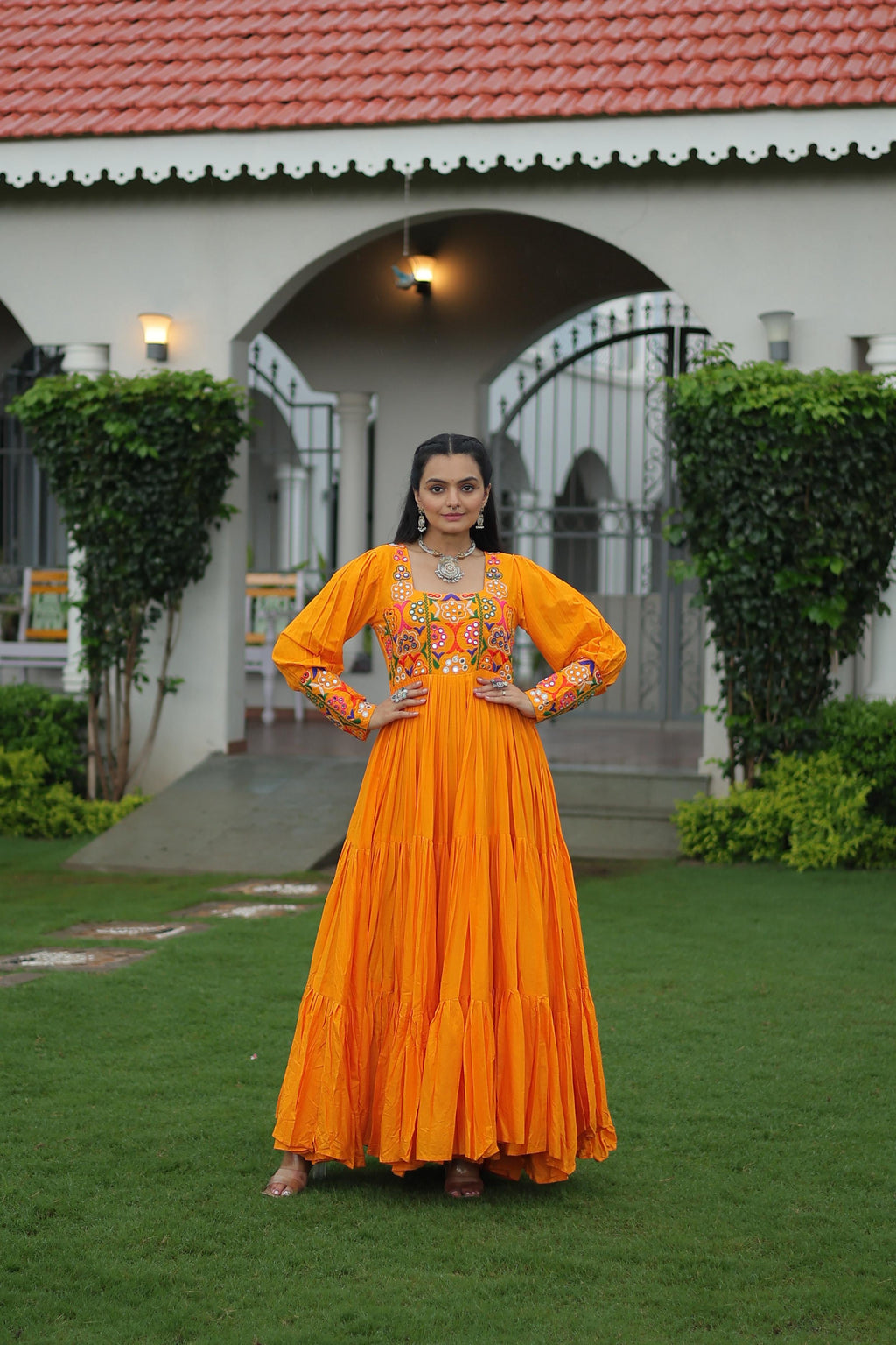 Yellow Rayon Kutchi Gamthi Work Navaratri Festive Gown
