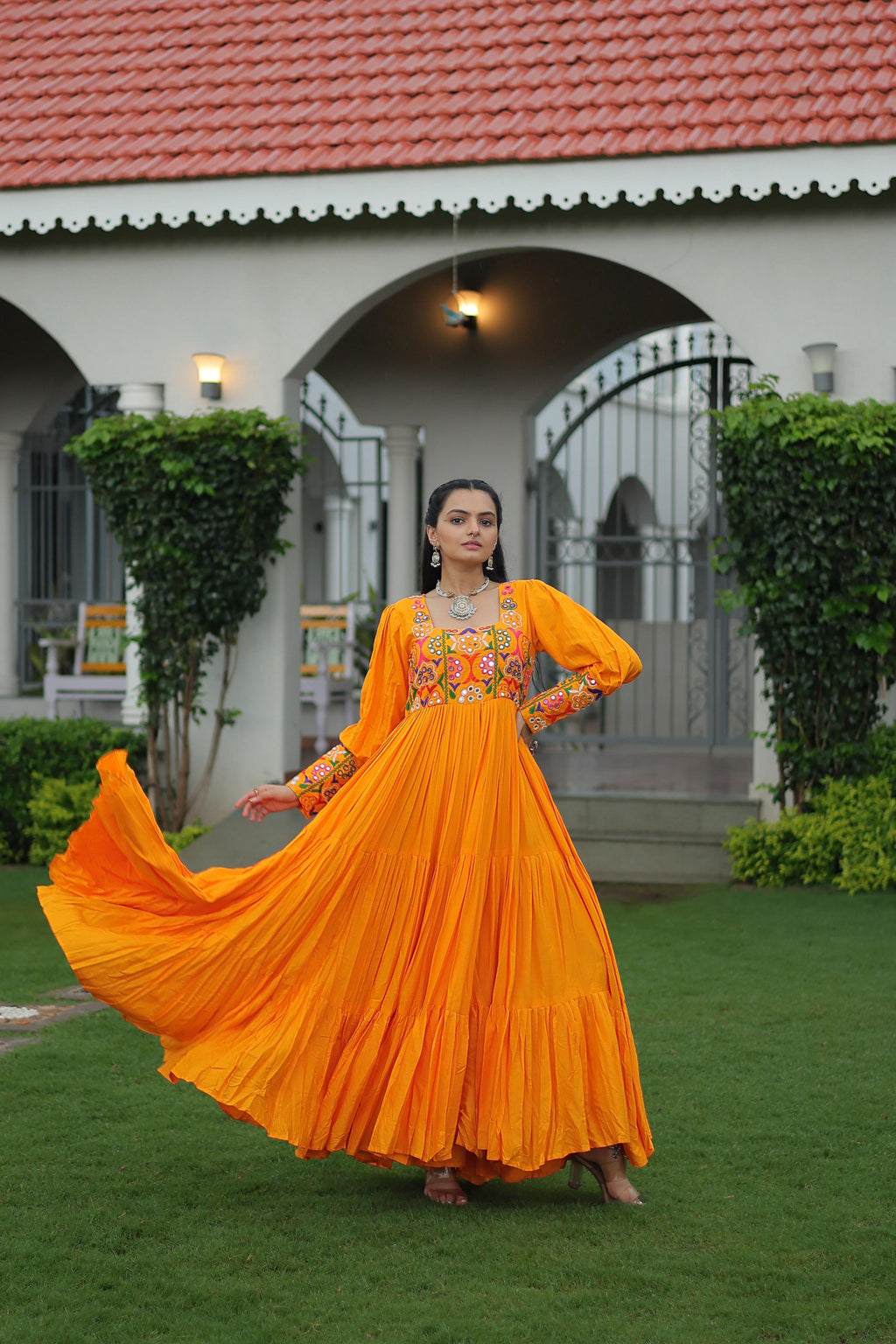 Yellow Rayon Kutchi Gamthi Work Navaratri Festive Gown