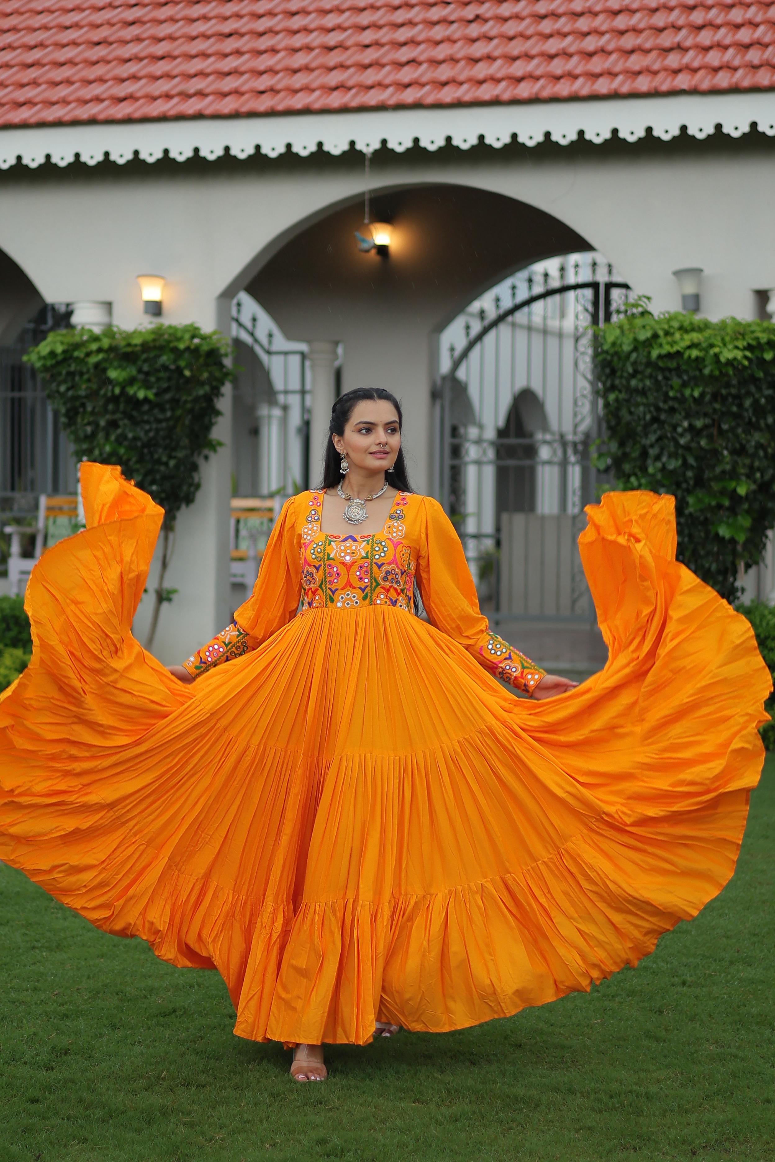 Yellow Rayon Kutchi Gamthi Work Navaratri Festive Gown