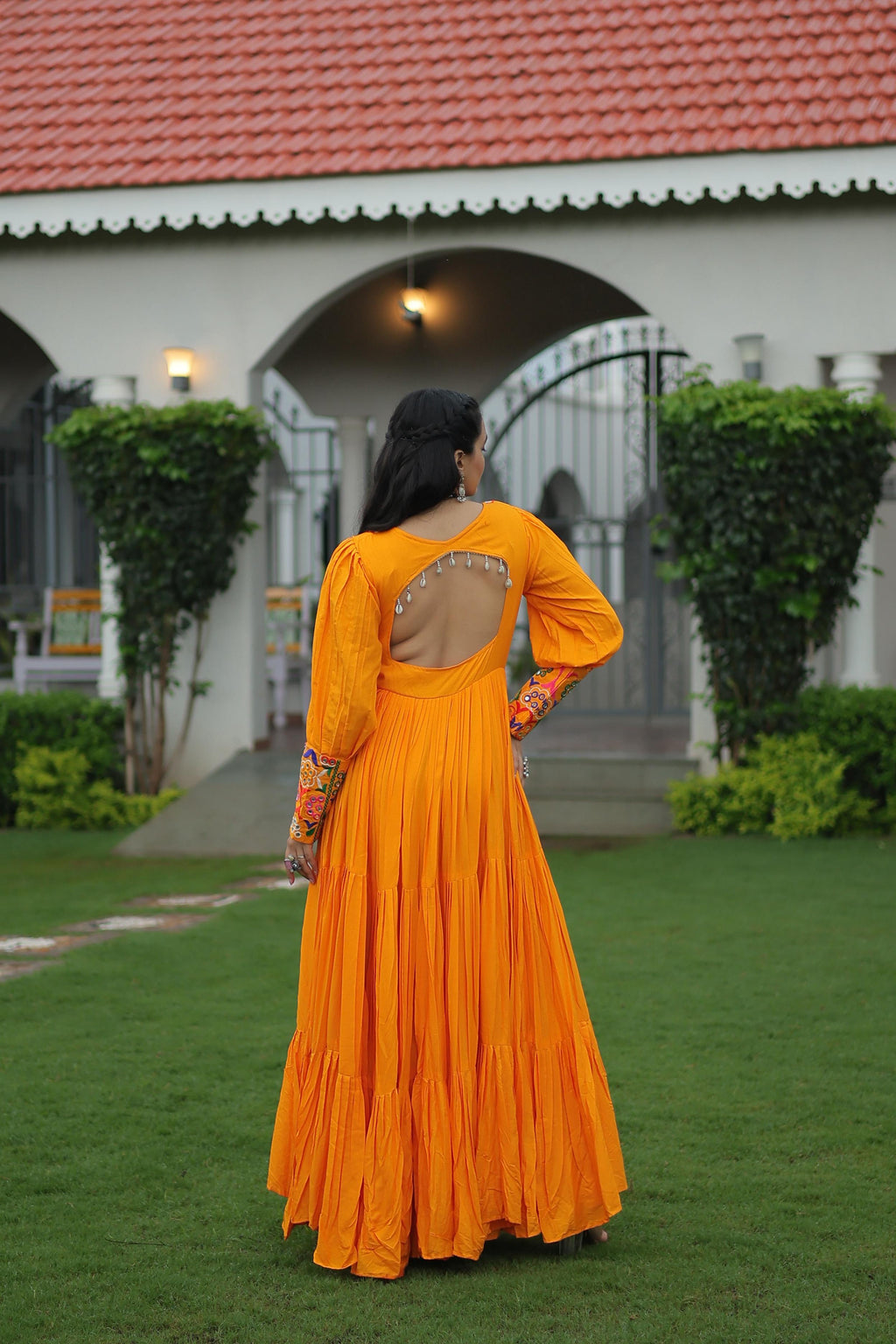Yellow Rayon Kutchi Gamthi Work Navaratri Festive Gown