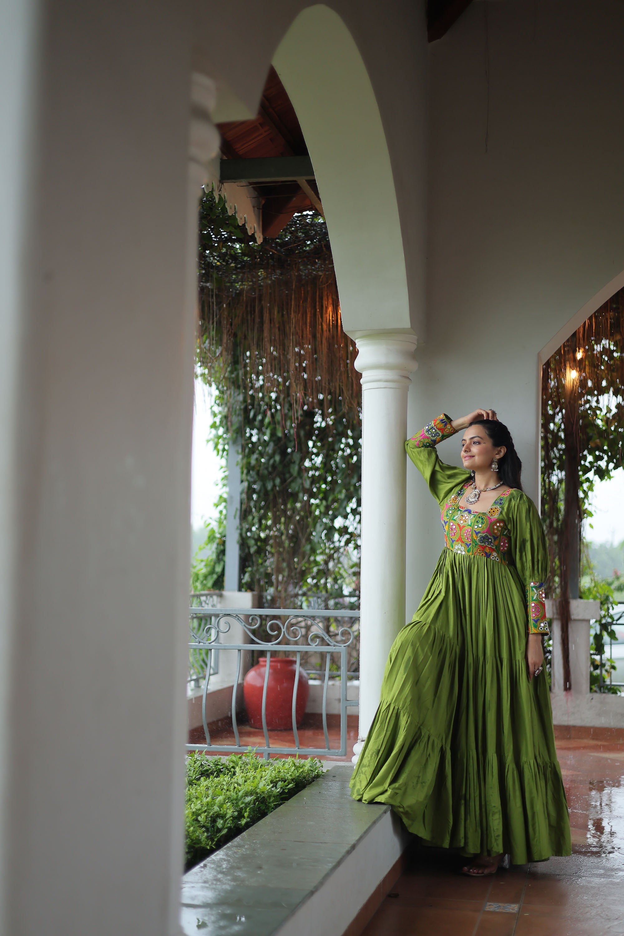 Parot-green Rayon Gown with Intricate Kutchi Gamthi Work