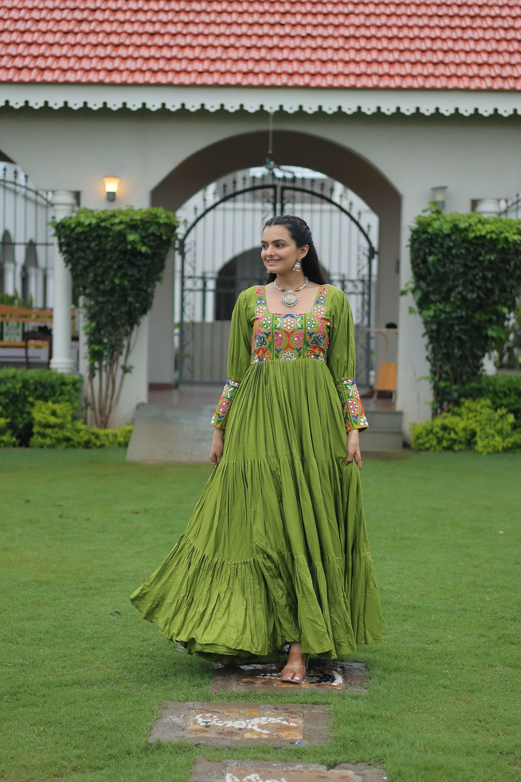 Parot-green Rayon Gown with Intricate Kutchi Gamthi Work