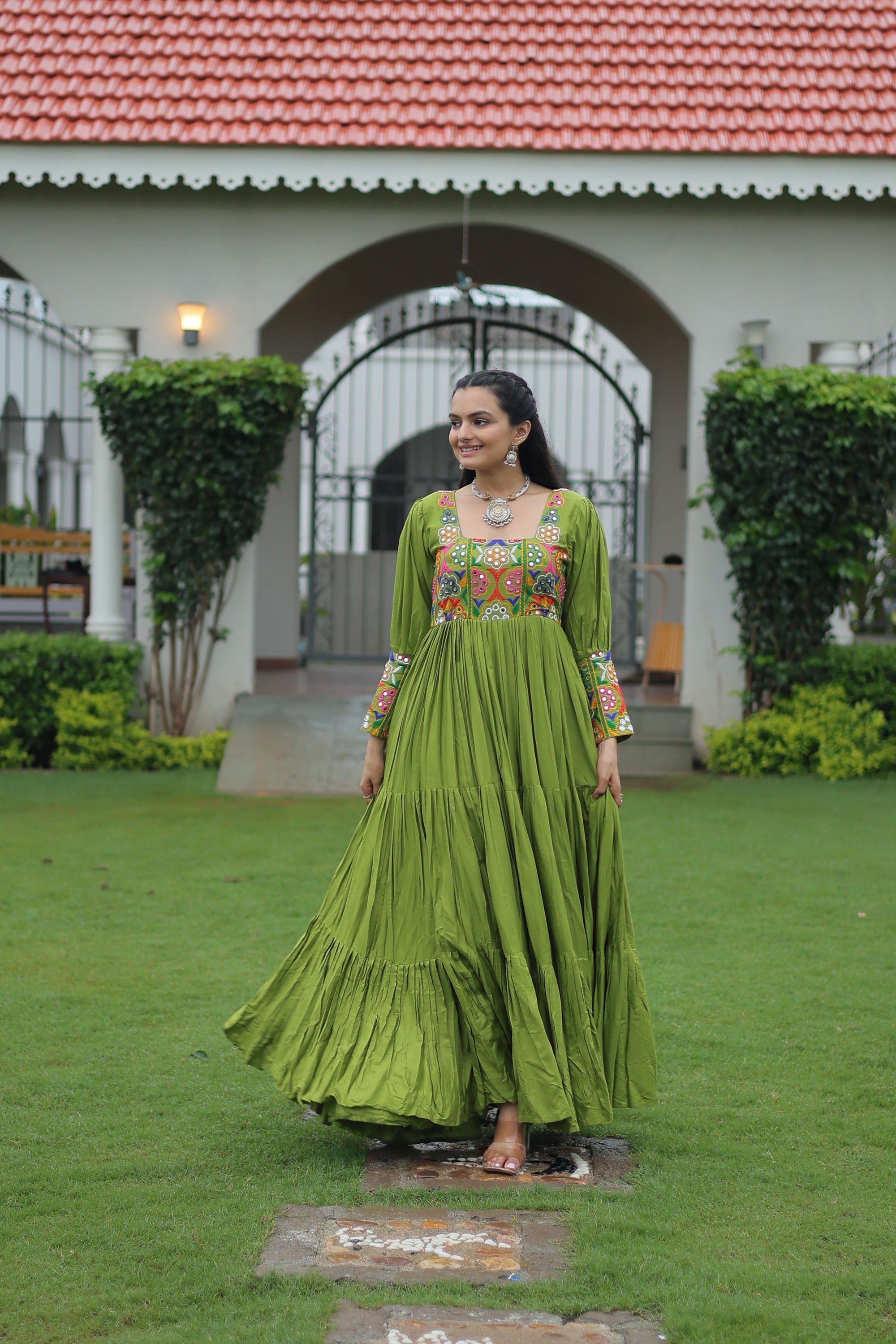 Parot-green Rayon Gown with Intricate Kutchi Gamthi Work