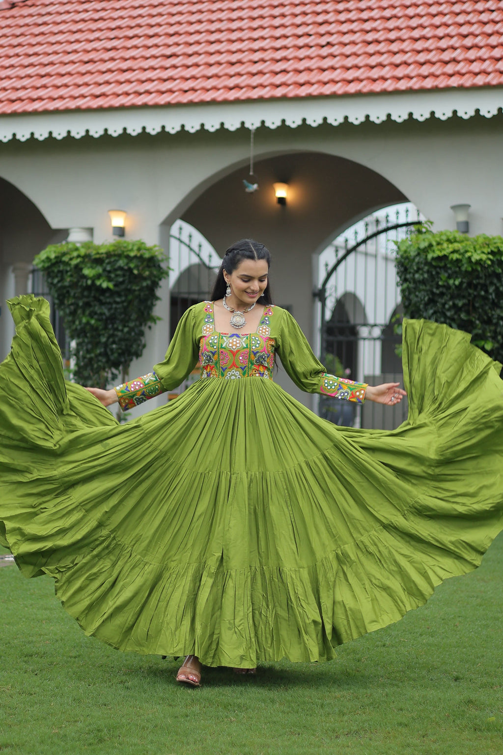 Parot-green Rayon Gown with Intricate Kutchi Gamthi Work