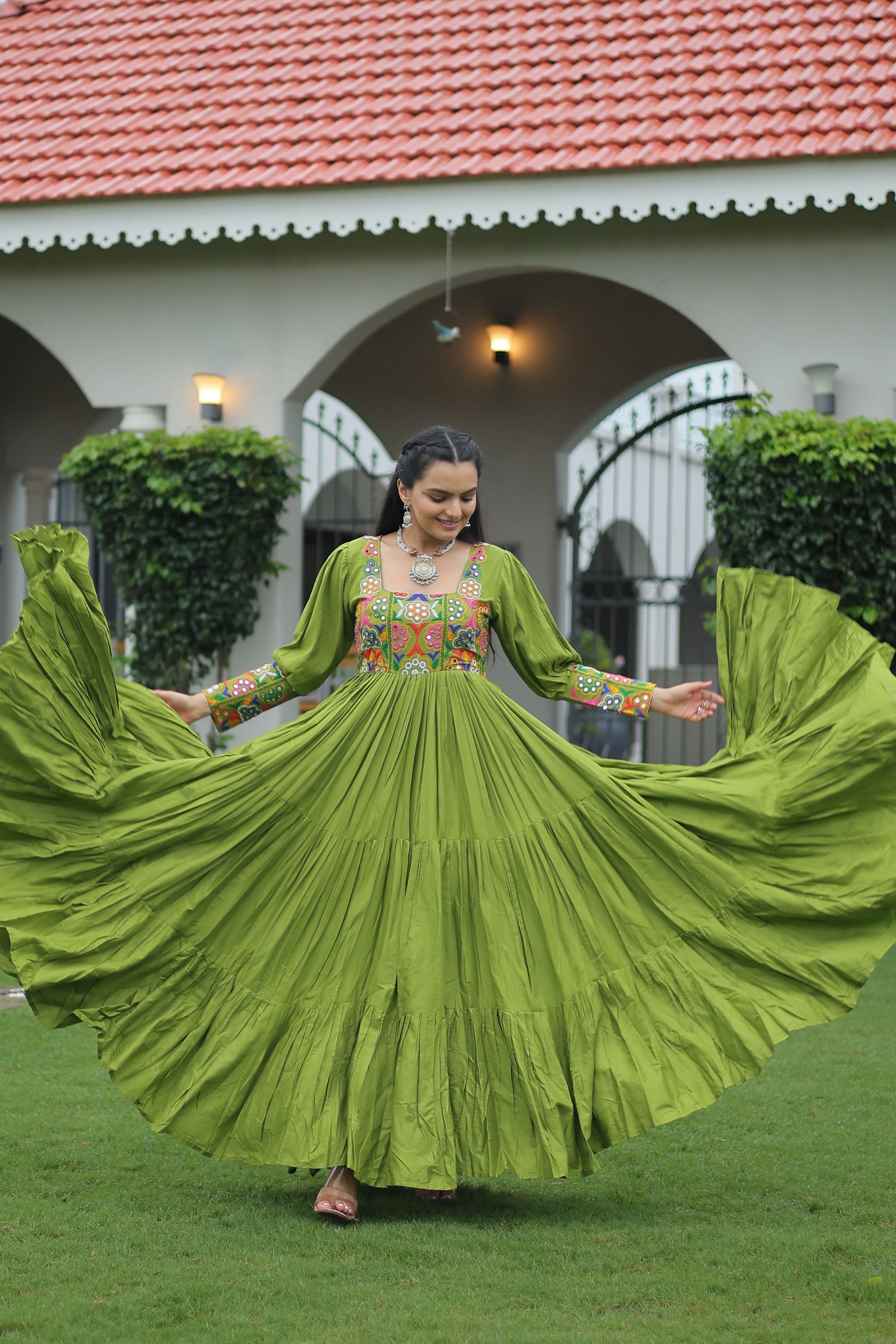 Parot-green Rayon Gown with Intricate Kutchi Gamthi Work