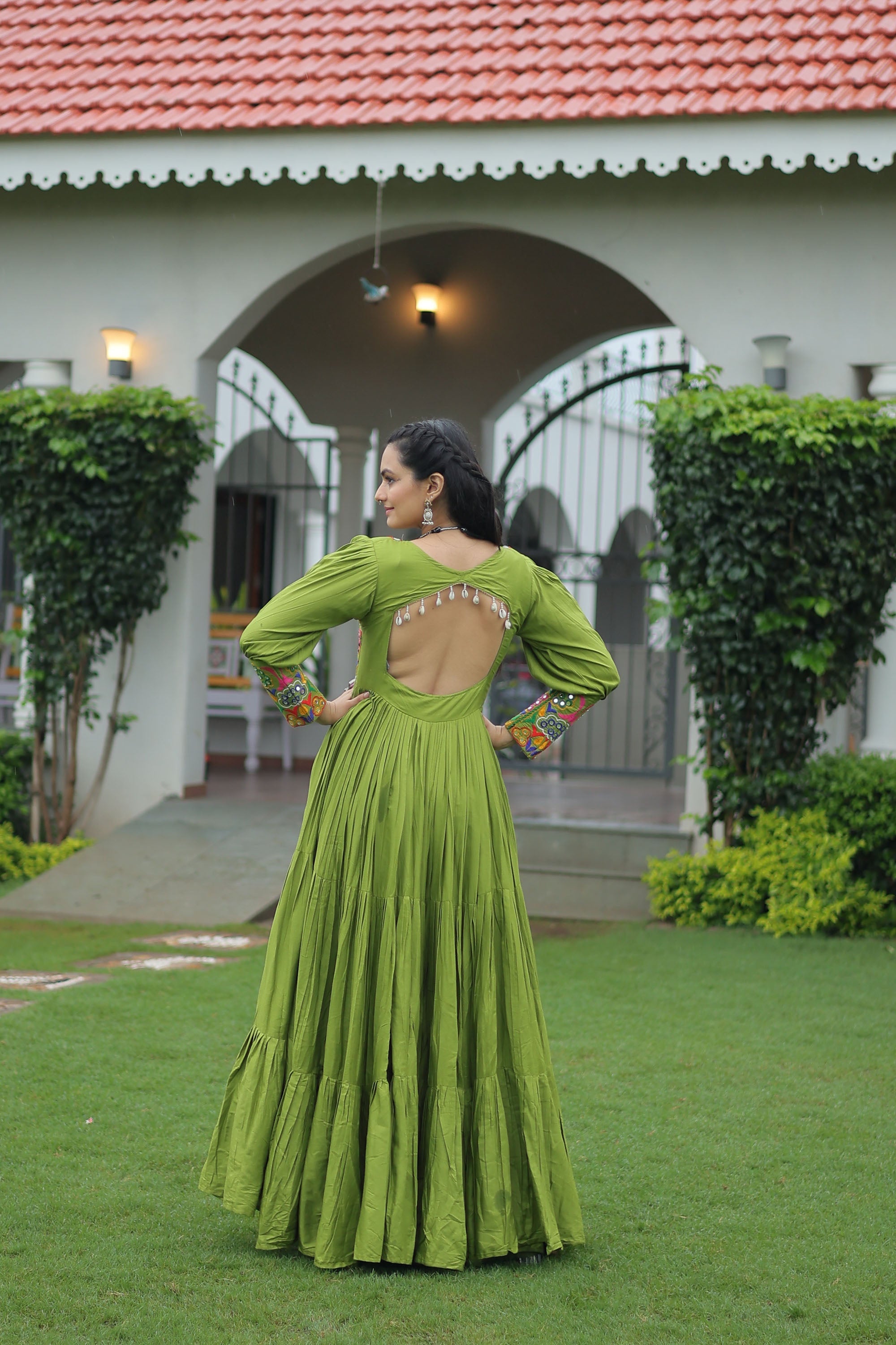 Parot-green Rayon Gown with Intricate Kutchi Gamthi Work