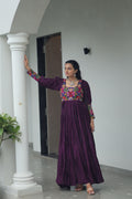 Wine colored rayon gown with traditional Kutchi Gamthi embroidery and wide flare