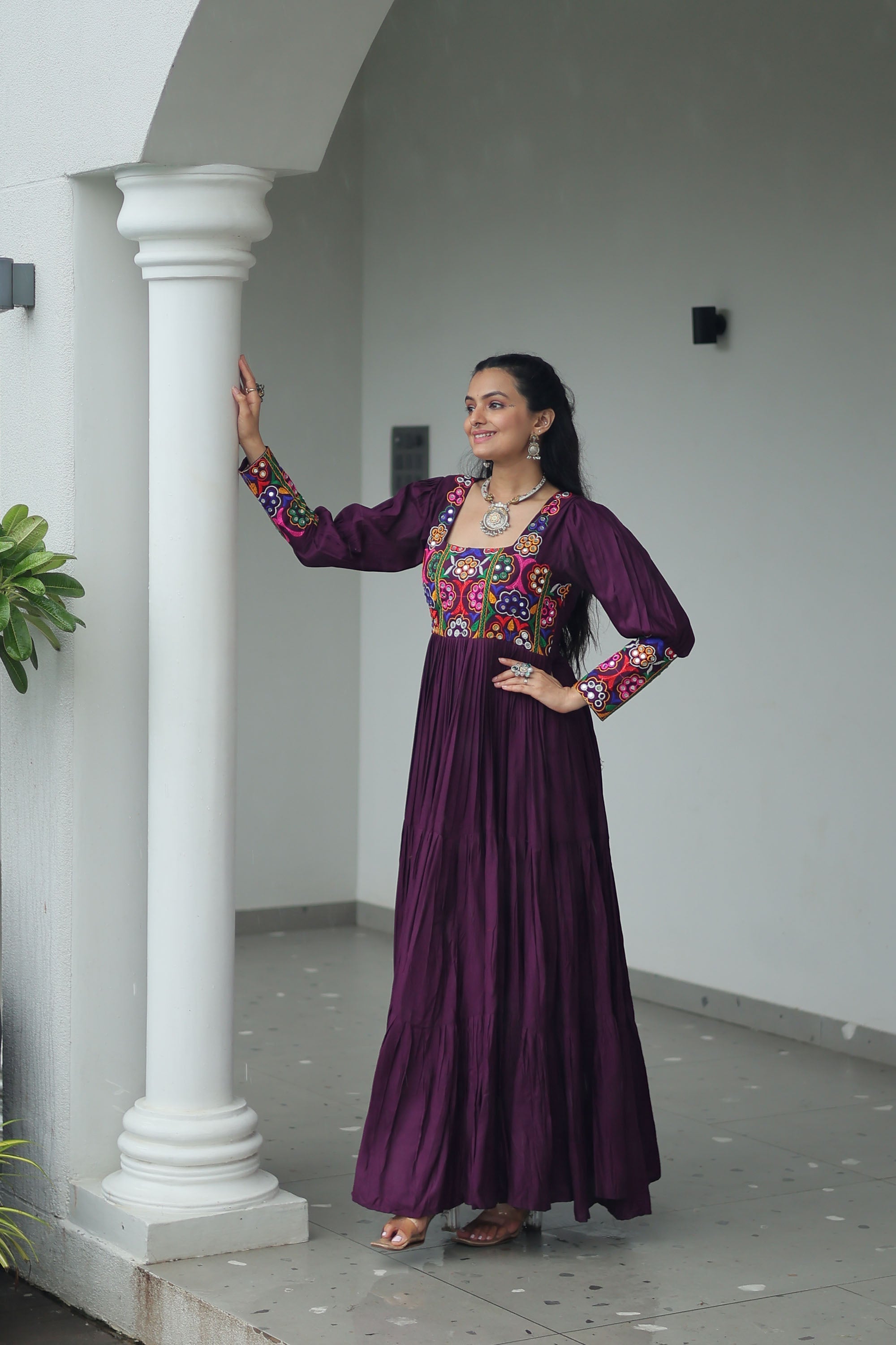 Wine Rayon Gown with Traditional Kutchi Gamthi Work