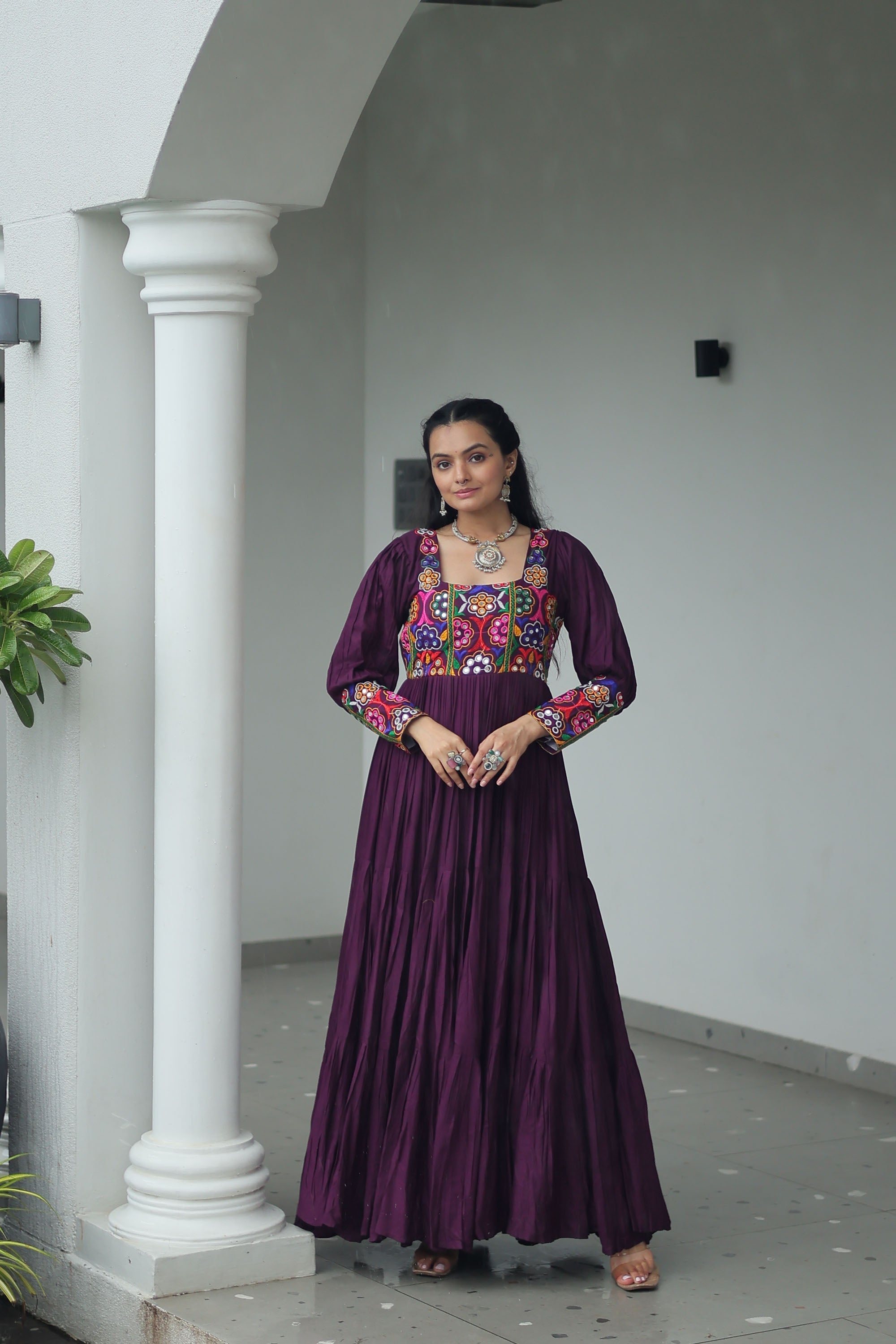 Wine Rayon Gown with Traditional Kutchi Gamthi Work