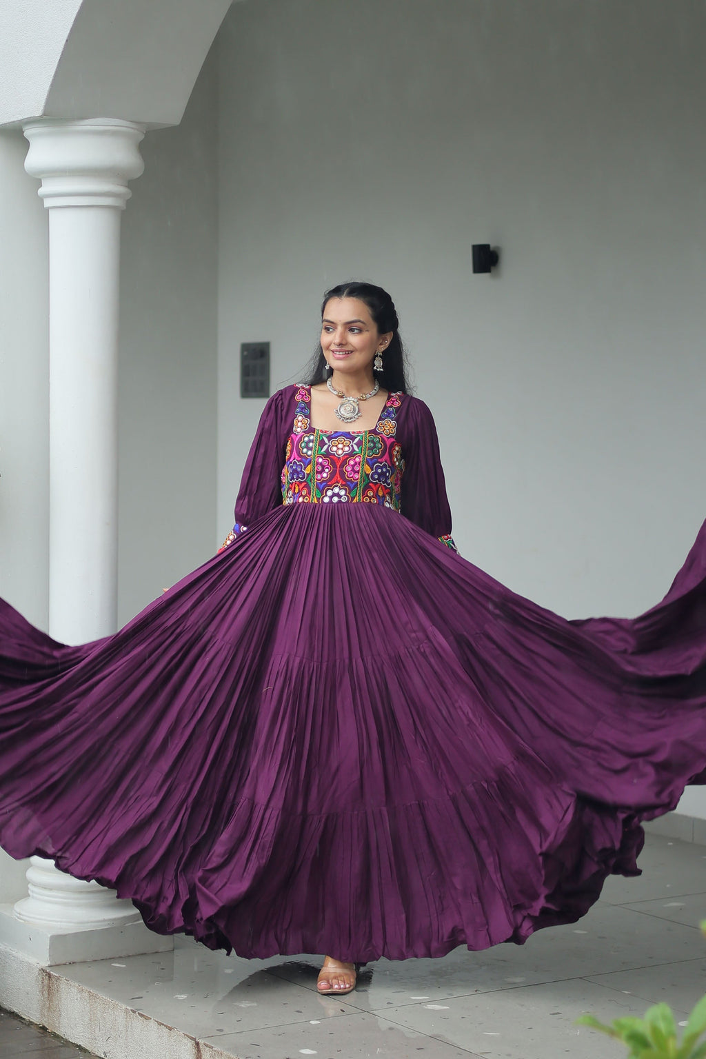 Wine Rayon Gown with Traditional Kutchi Gamthi Work