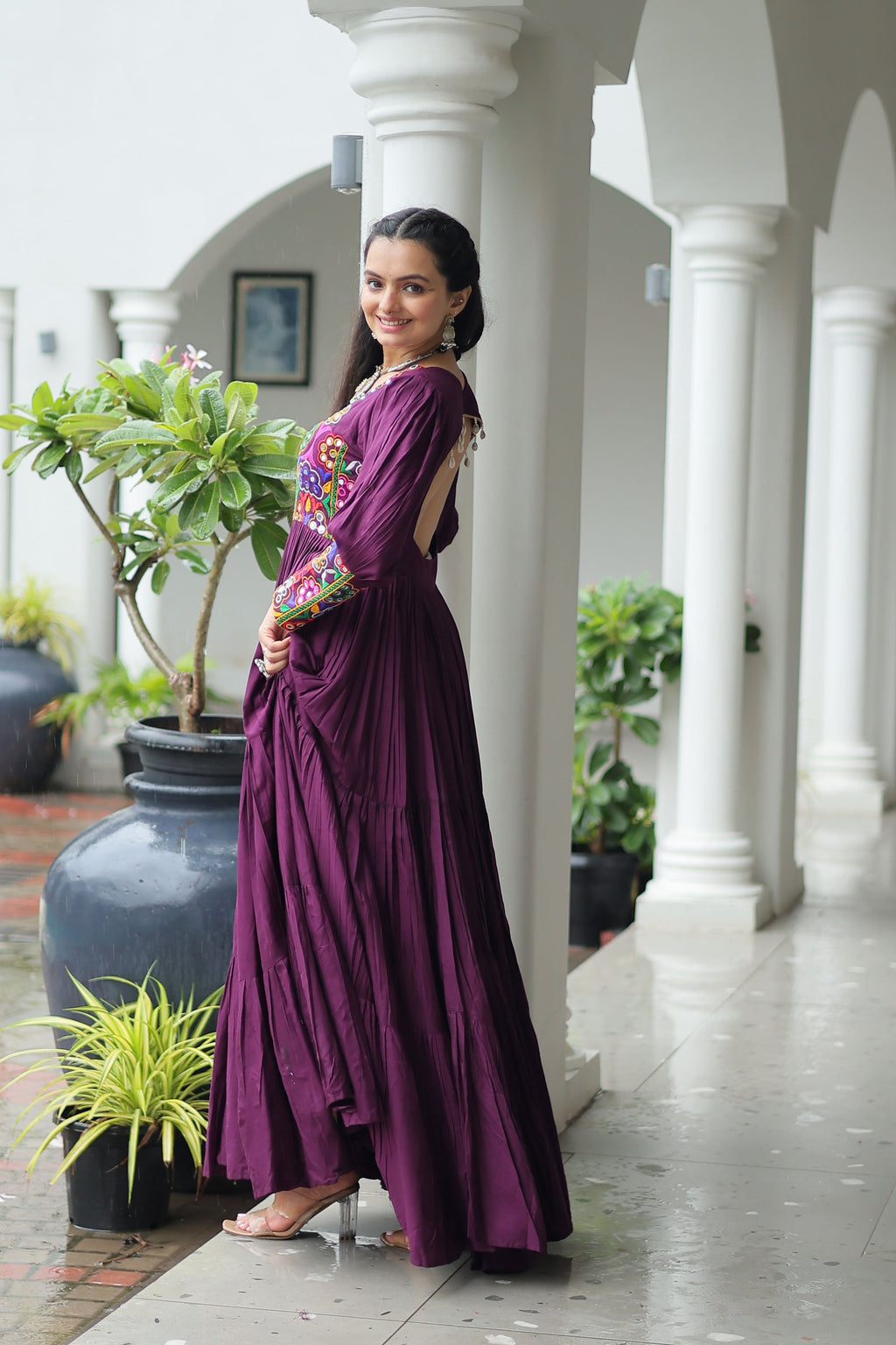 Wine Rayon Gown with Traditional Kutchi Gamthi Work