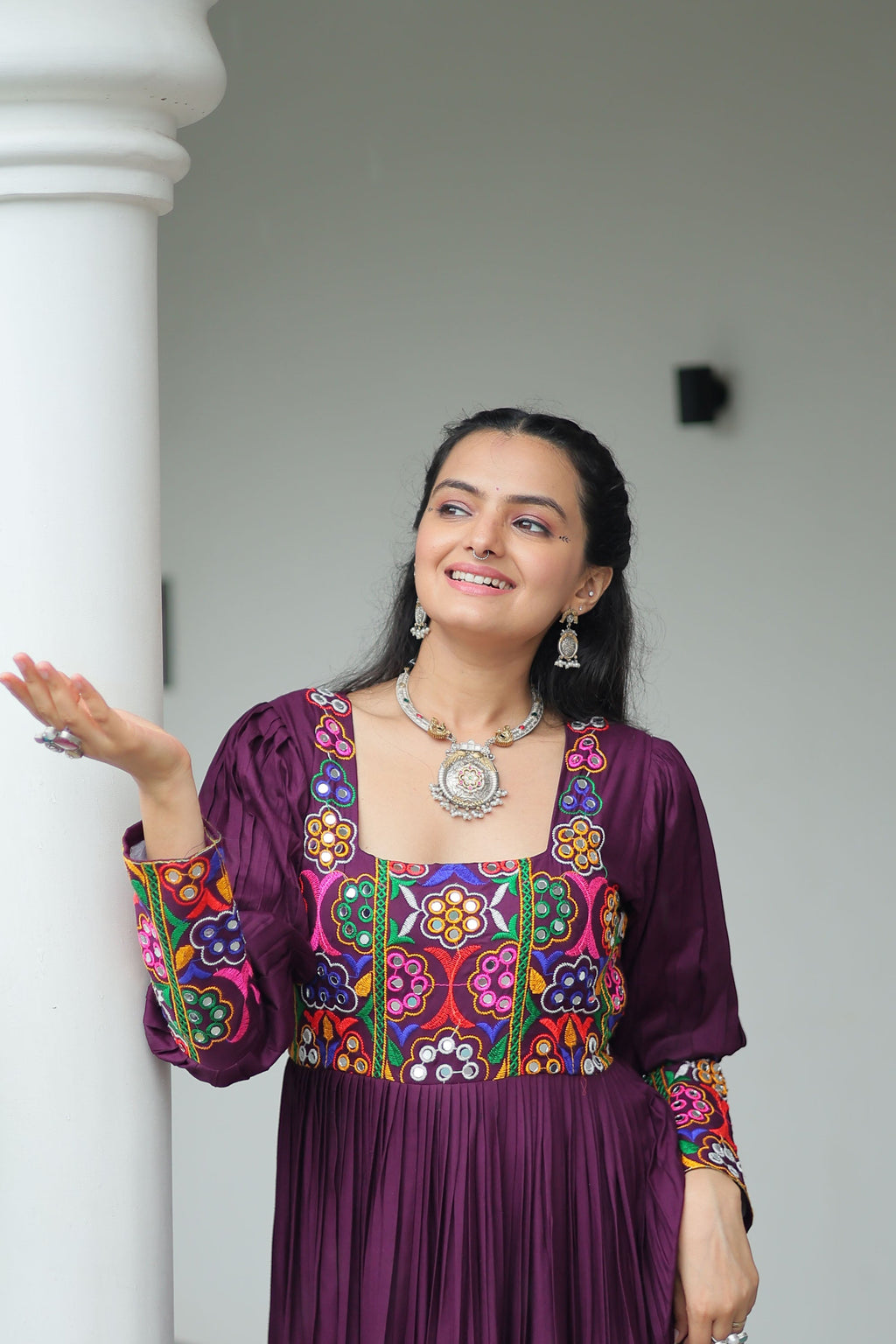 Wine Rayon Gown with Traditional Kutchi Gamthi Work