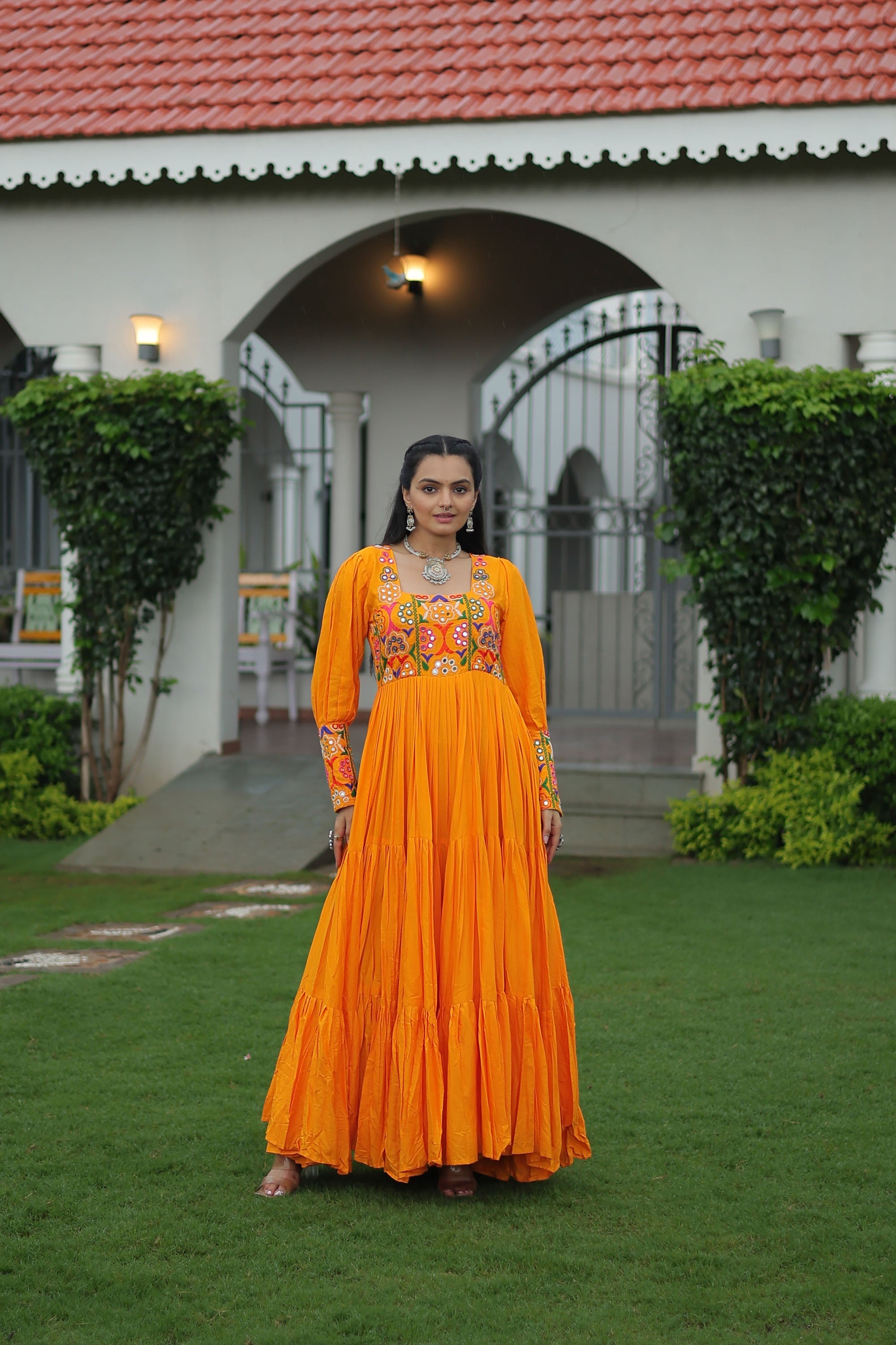 Lorenvalley Fashion Orange Rayon with Kutchi Gamthi Work Gown