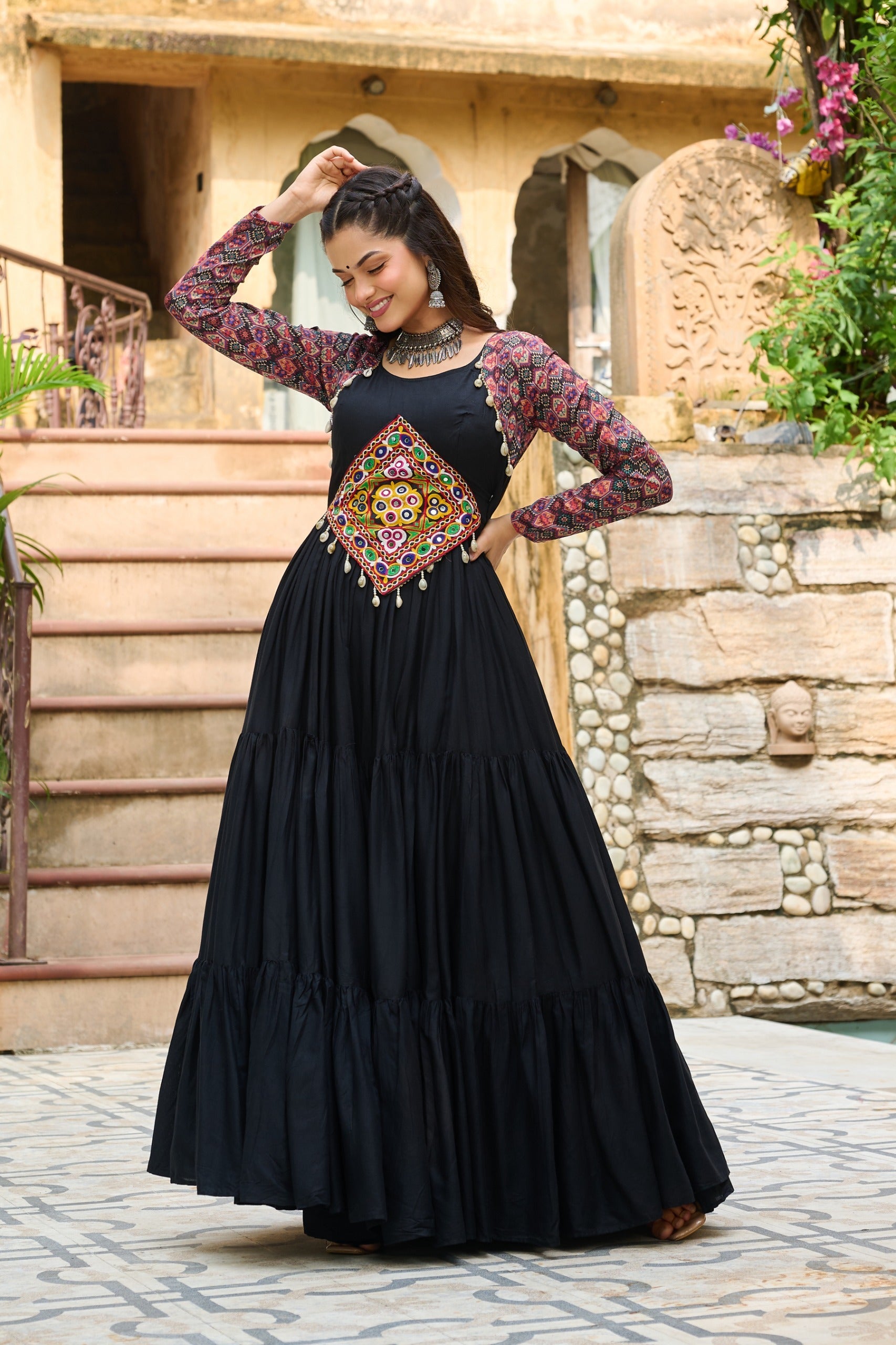 Black Rayon Navaratri Gown with Kutchi Gamthi Embroidery