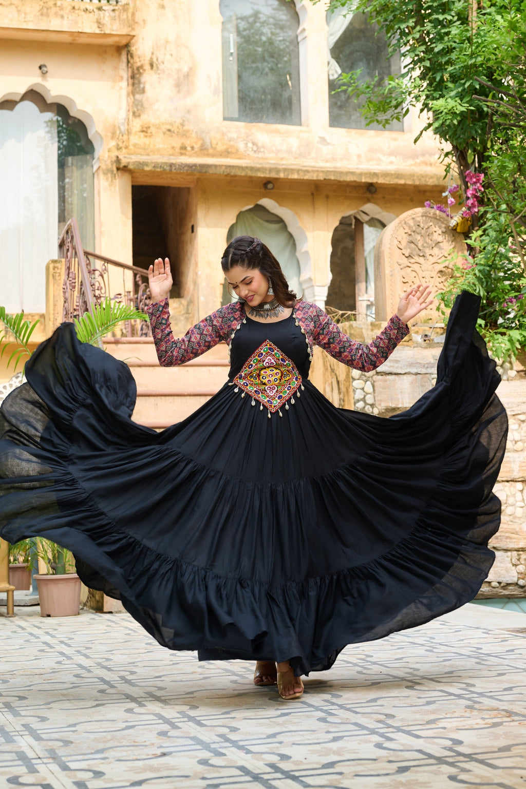 Black Rayon Navaratri Gown with Kutchi Gamthi Embroidery