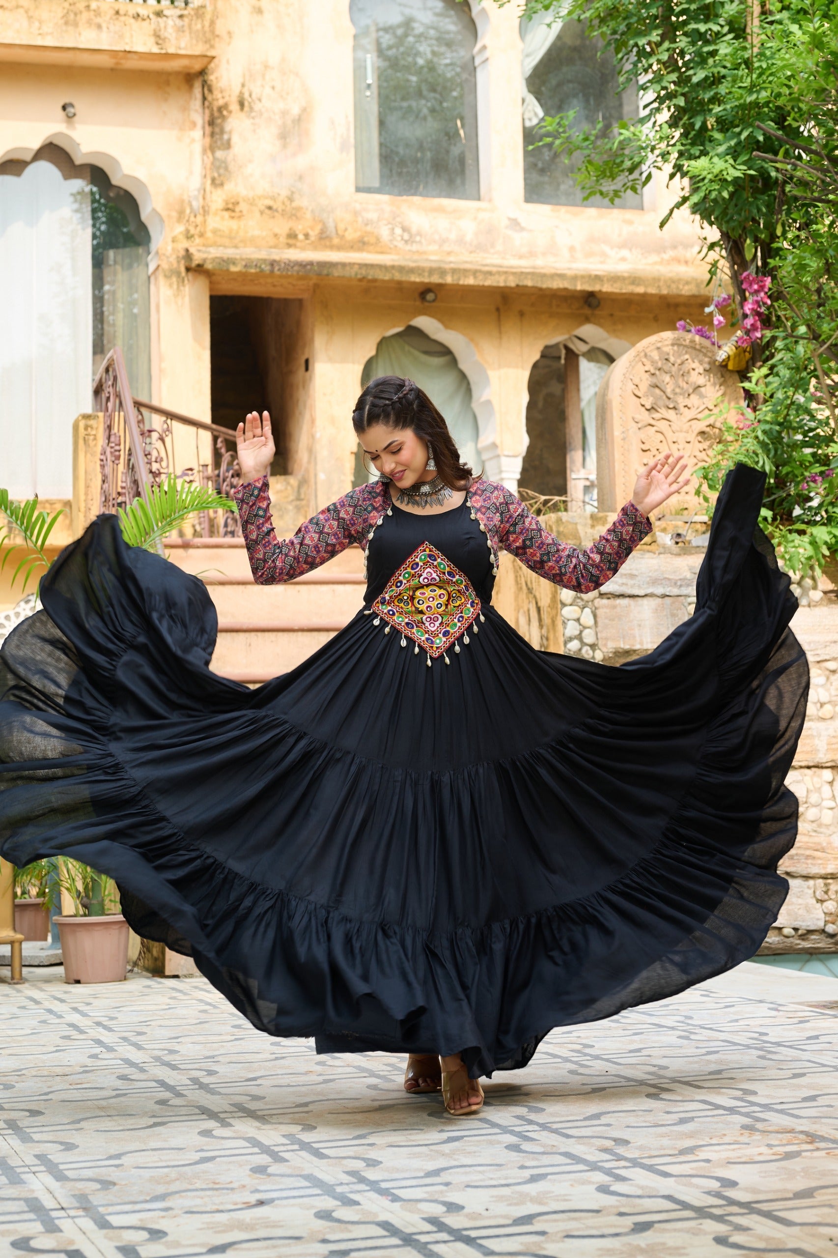 Black Rayon Navaratri Gown with Kutchi Gamthi Embroidery