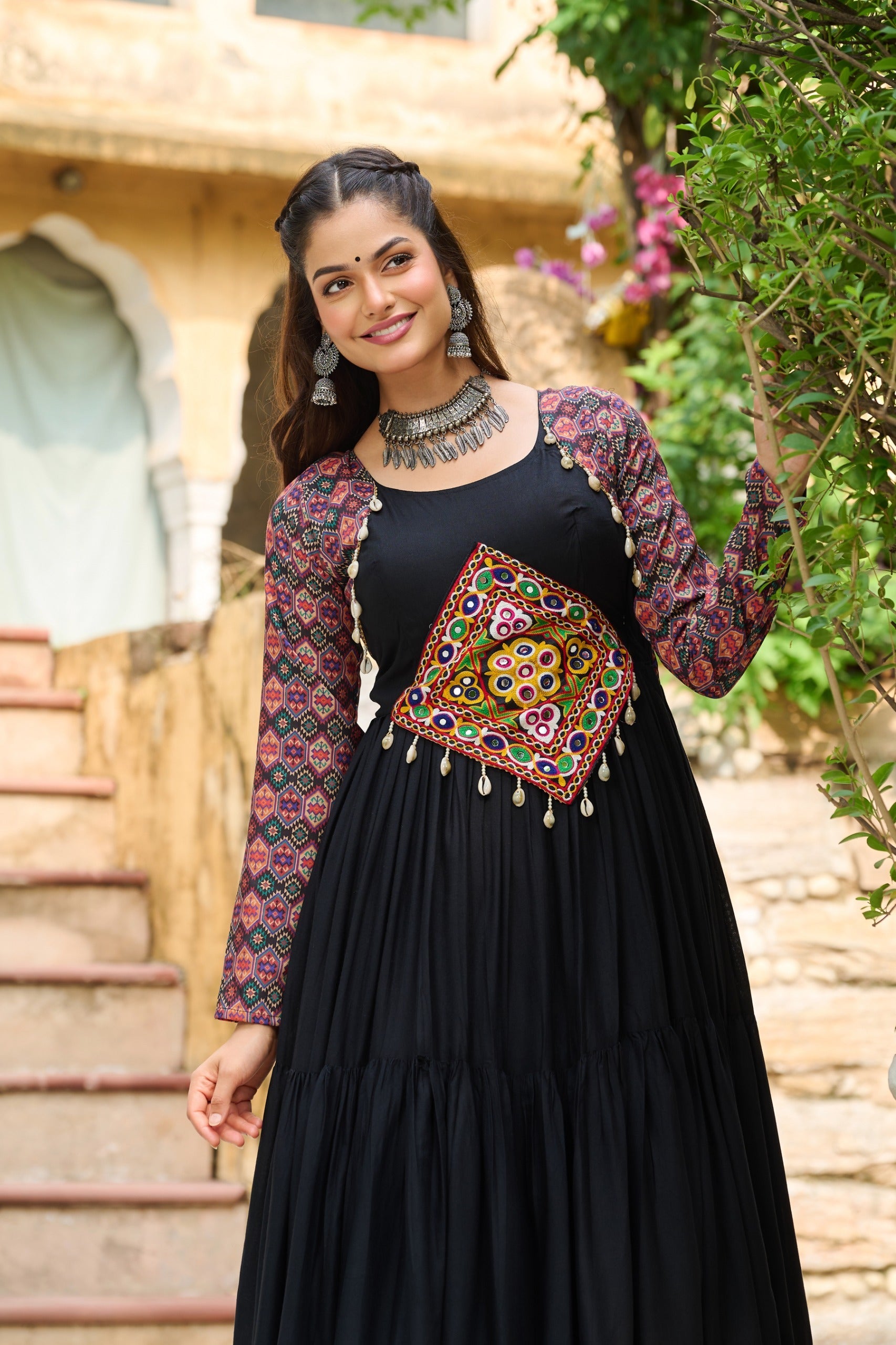 Black Rayon Navaratri Gown with Kutchi Gamthi Embroidery