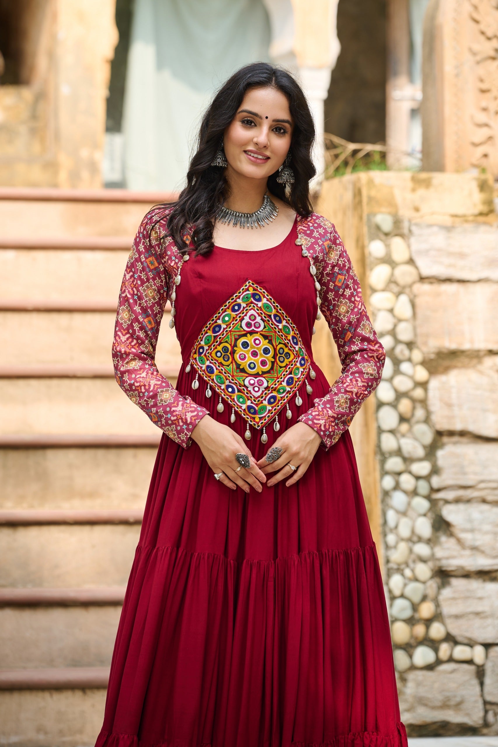 Maroon Rayon Kutchi Gamthi Embroidered Navaratri Gown