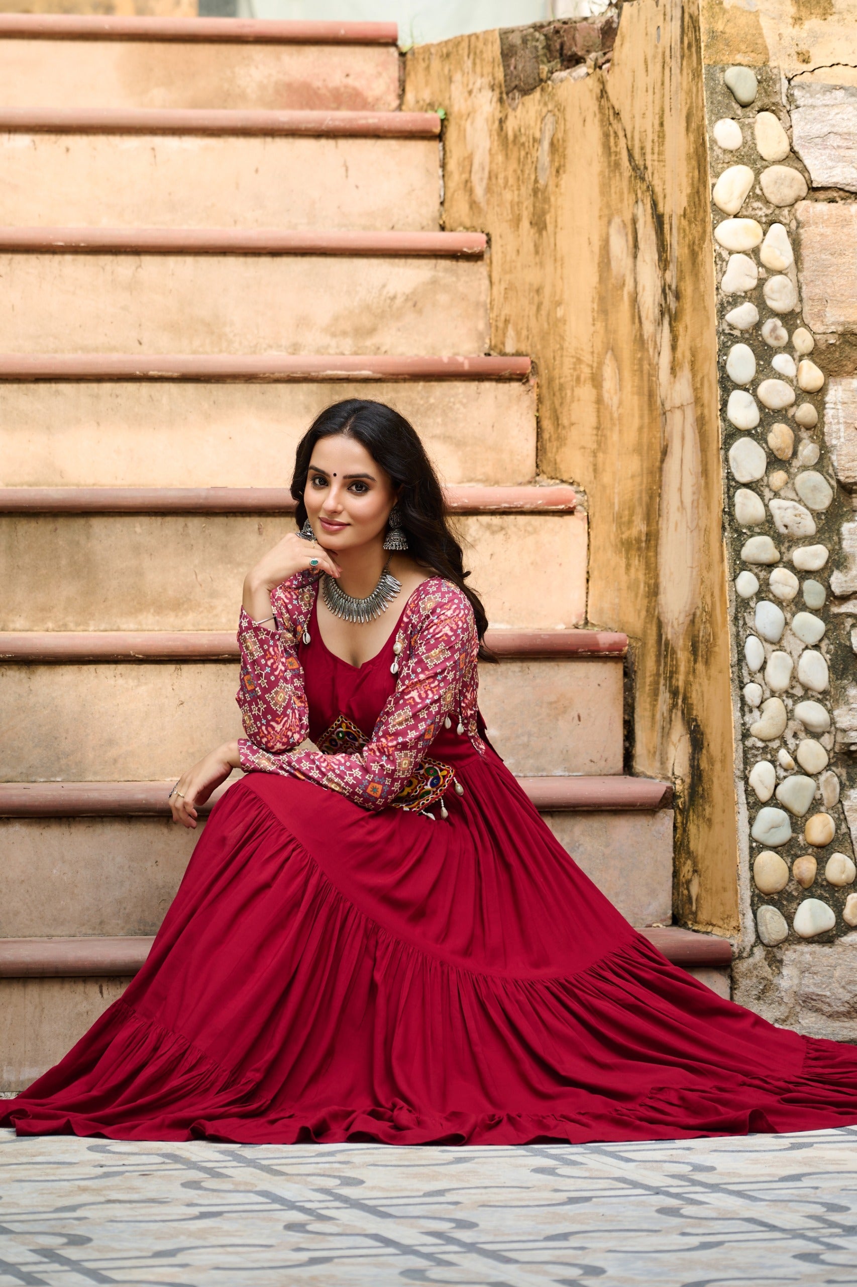 Maroon Rayon Kutchi Gamthi Embroidered Navaratri Gown