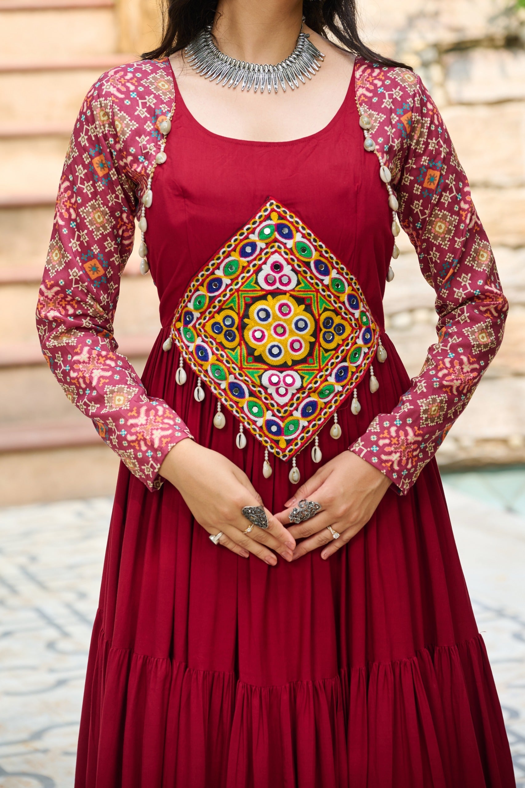 Maroon Rayon Kutchi Gamthi Embroidered Navaratri Gown