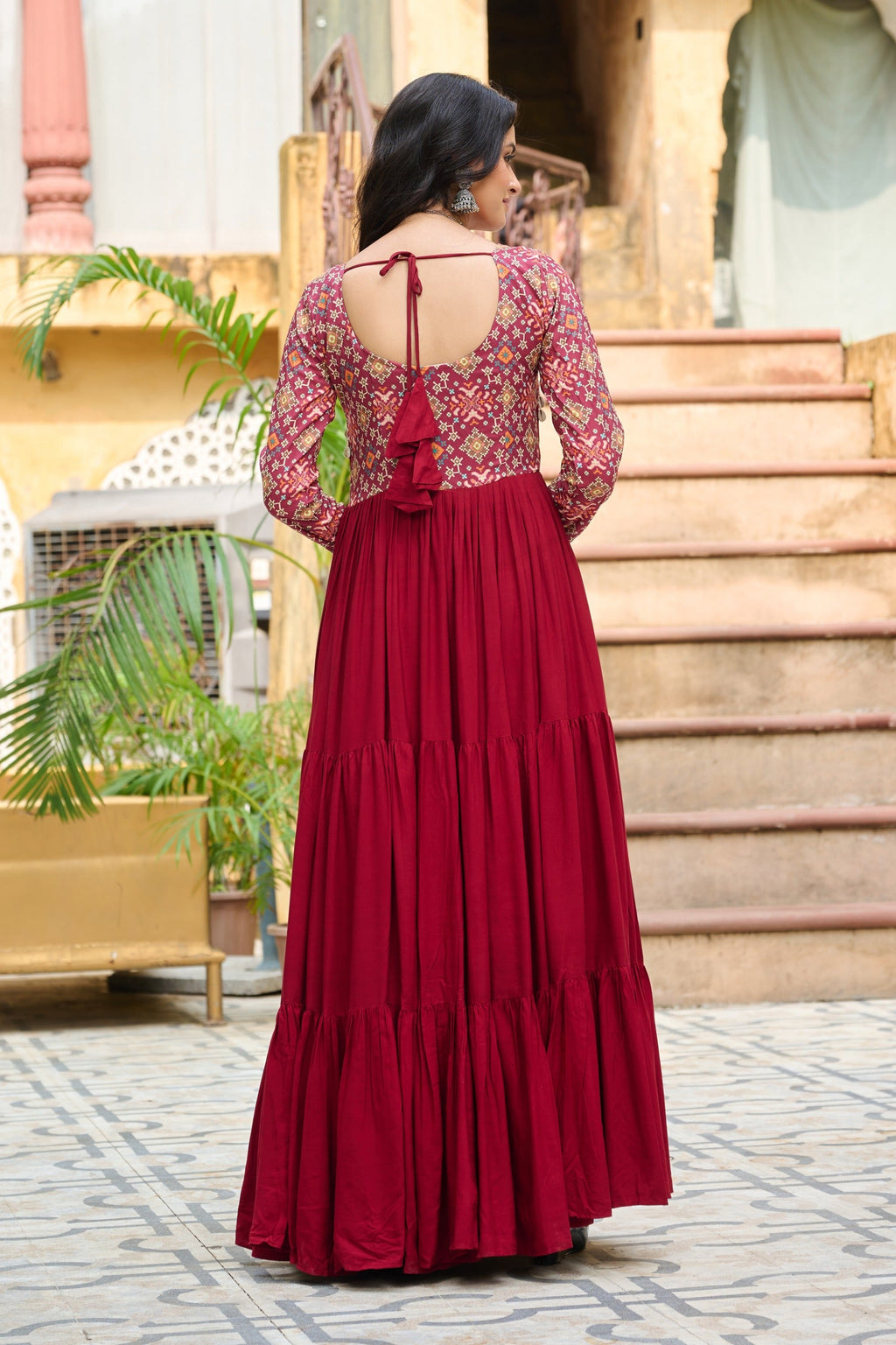 Maroon Rayon Kutchi Gamthi Embroidered Navaratri Gown