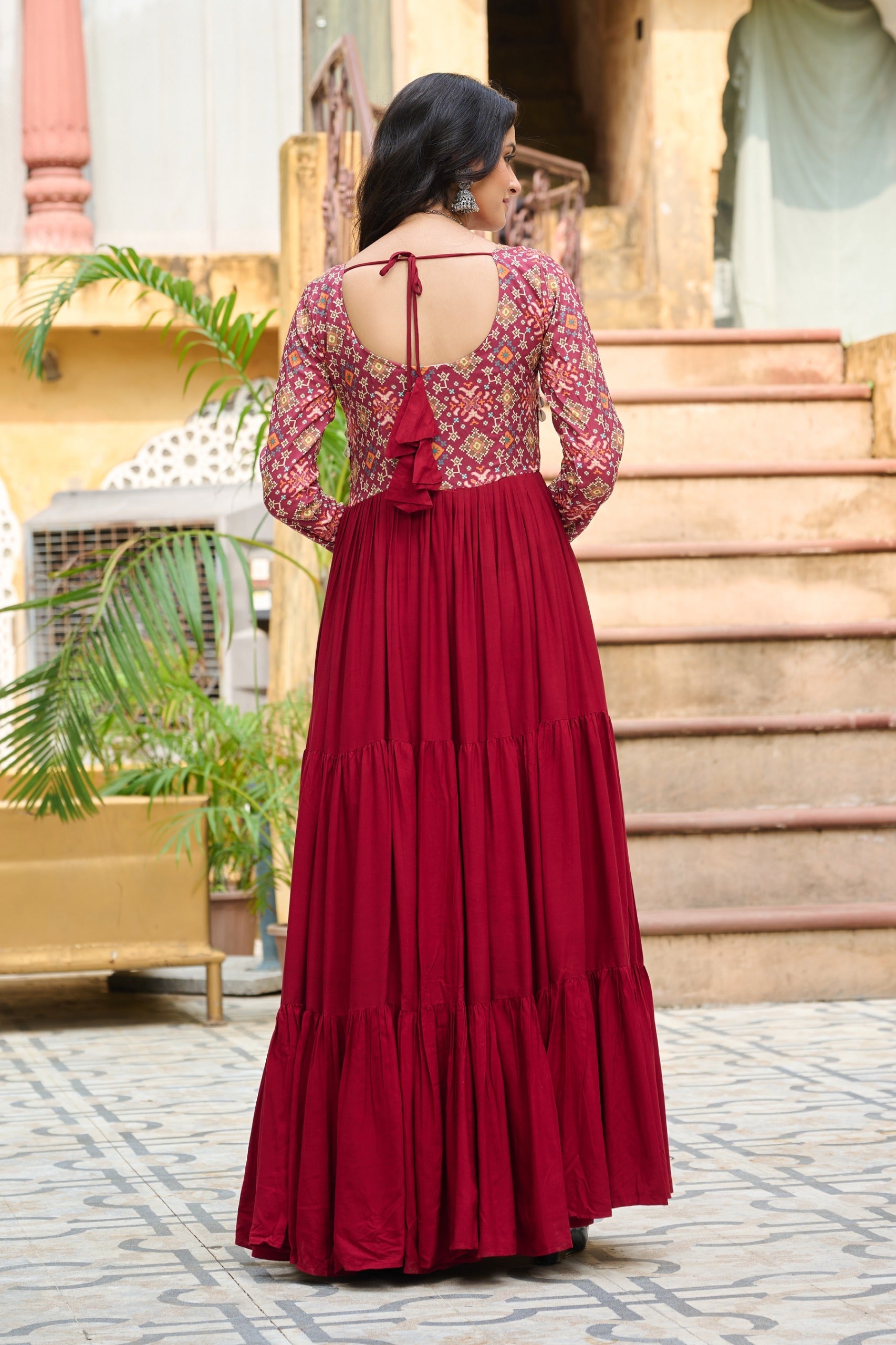 Maroon Rayon Kutchi Gamthi Embroidered Navaratri Gown