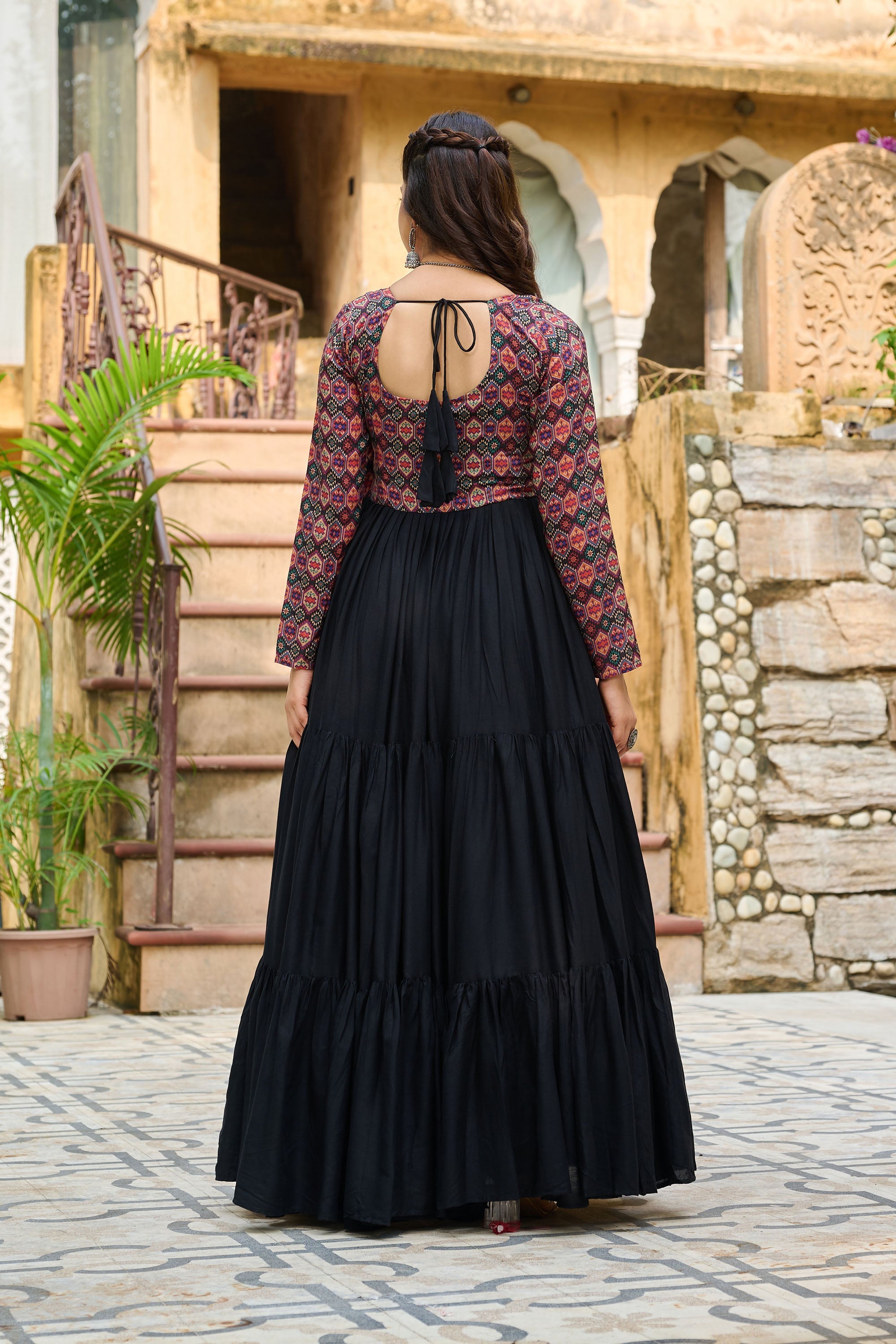 Black Rayon Gown with Kutchi Gamthi Embroidery and Cotton Print