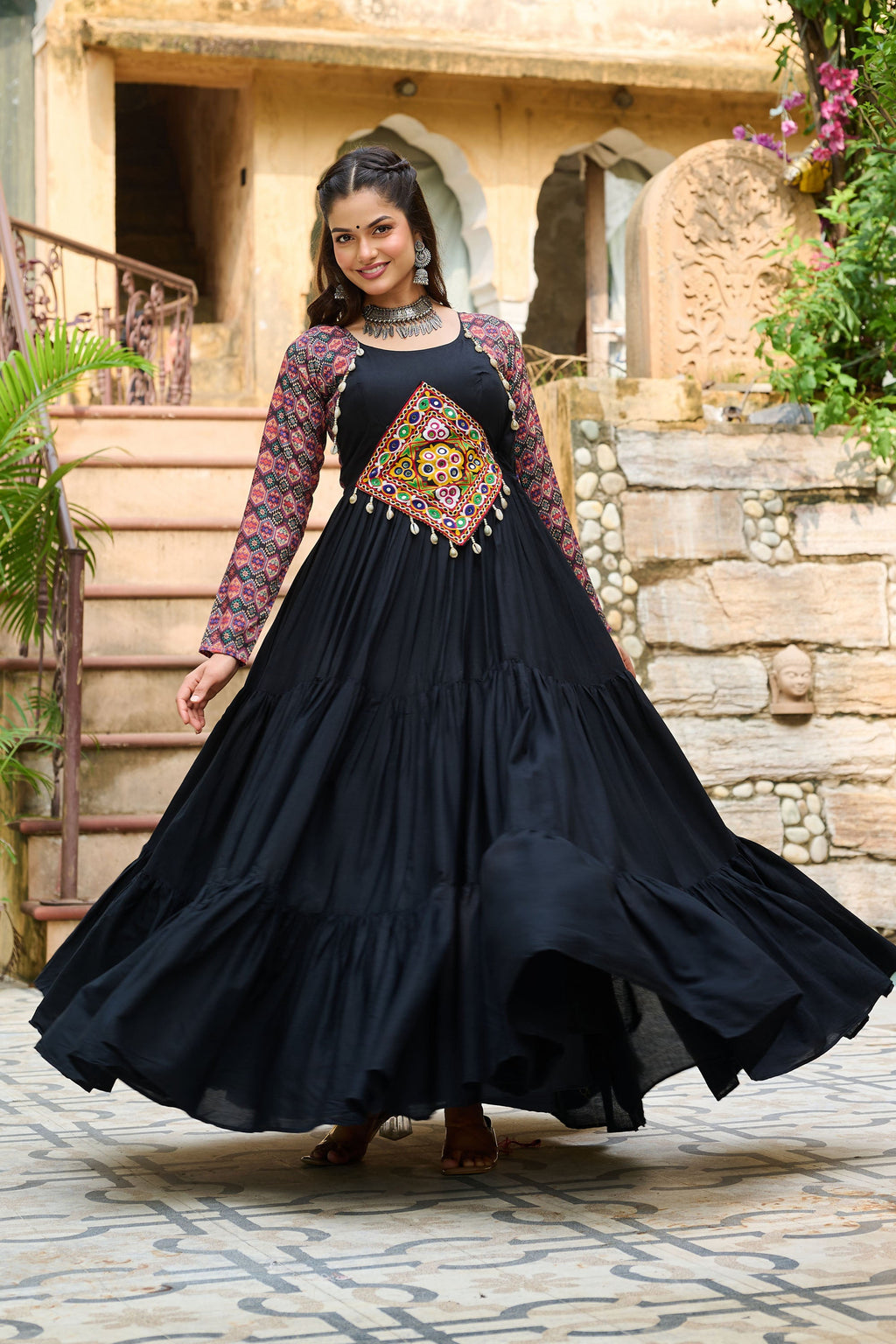 Black Rayon Gown with Kutchi Gamthi Embroidery and Cotton Print
