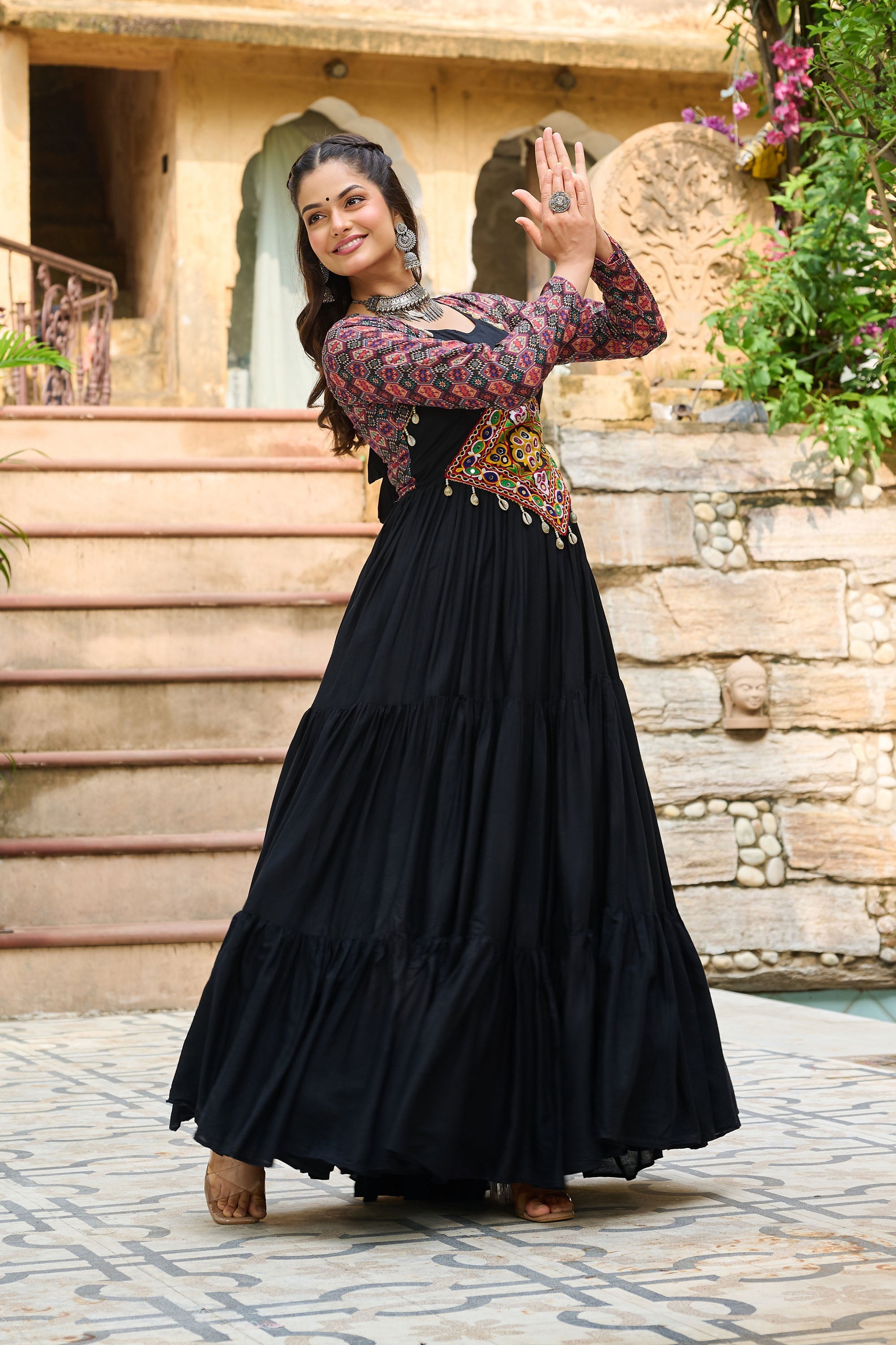 Black Rayon Gown with Kutchi Gamthi Embroidery and Cotton Print