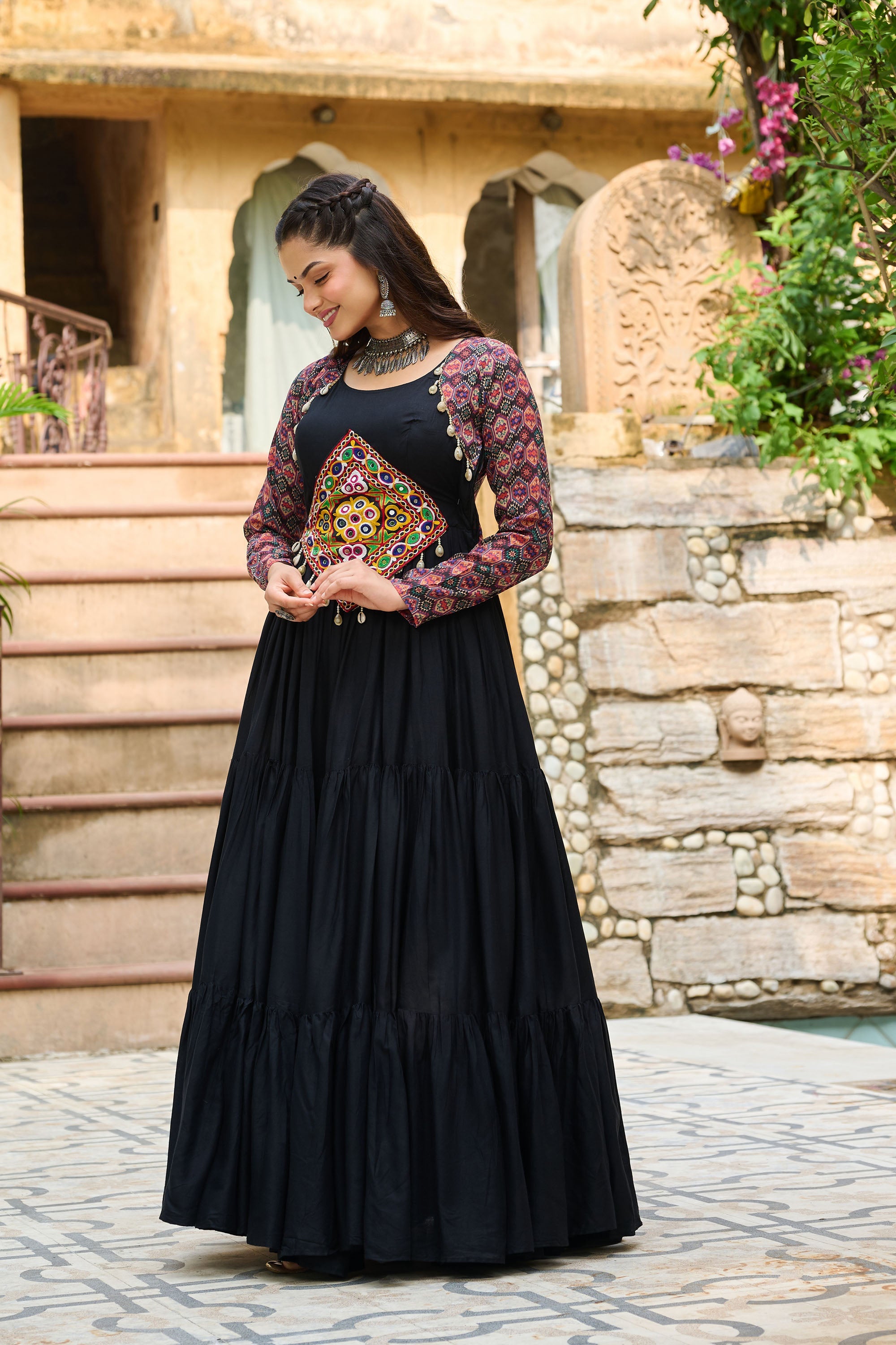 Black Rayon Gown with Kutchi Gamthi Embroidery and Cotton Print
