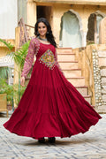 Maroon Rayon Gown with Kutchi Gamthi Embroidery and Cotton Print