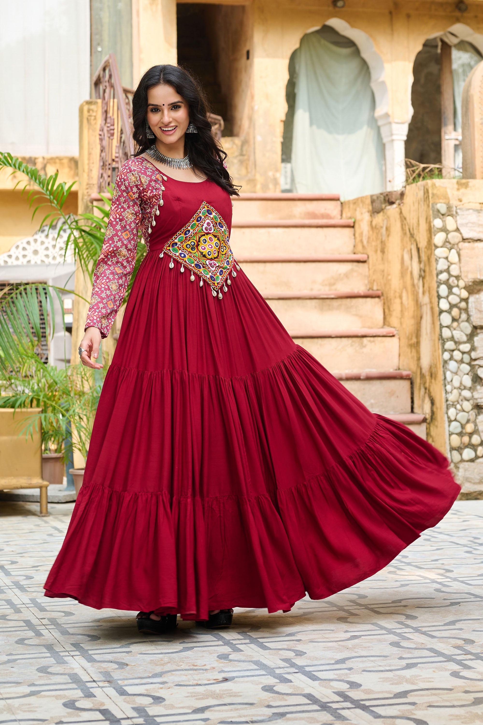 Maroon Rayon Gown with Kutchi Gamthi Embroidery and Cotton Print
