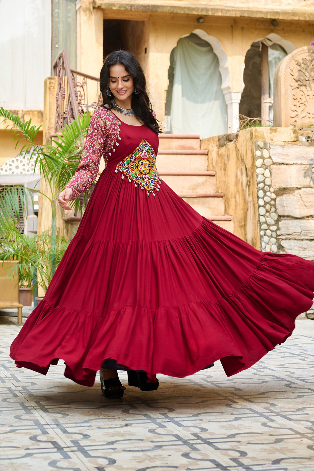 Maroon Rayon Gown with Kutchi Gamthi Embroidery and Cotton Print