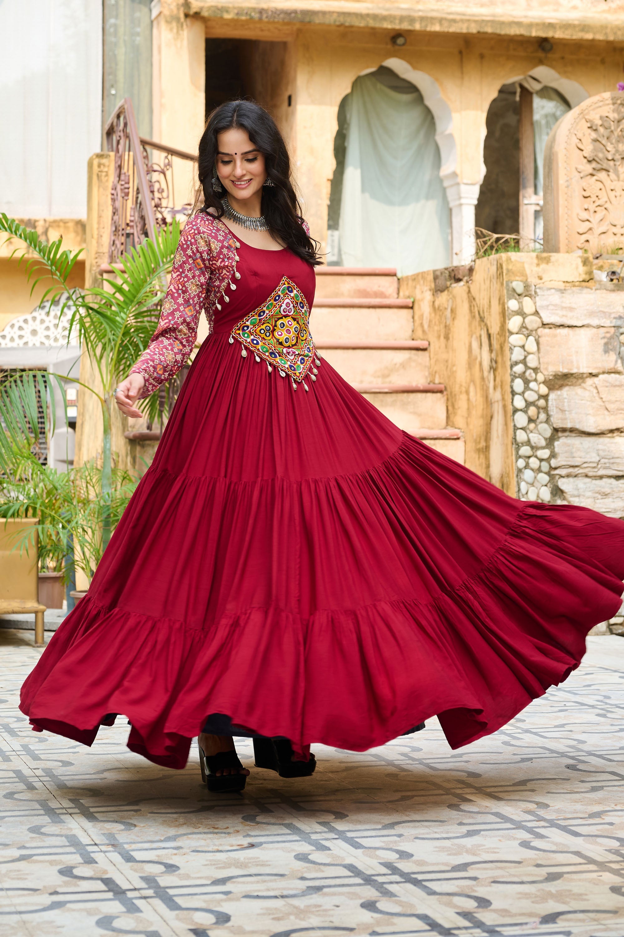 Maroon Rayon Gown with Kutchi Gamthi Embroidery and Cotton Print