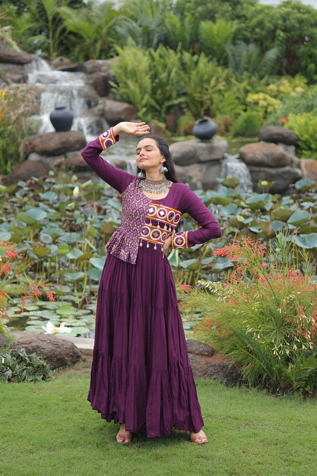 Wine Rayon Gown with Kutchi Gamthi and Cotton Print Work