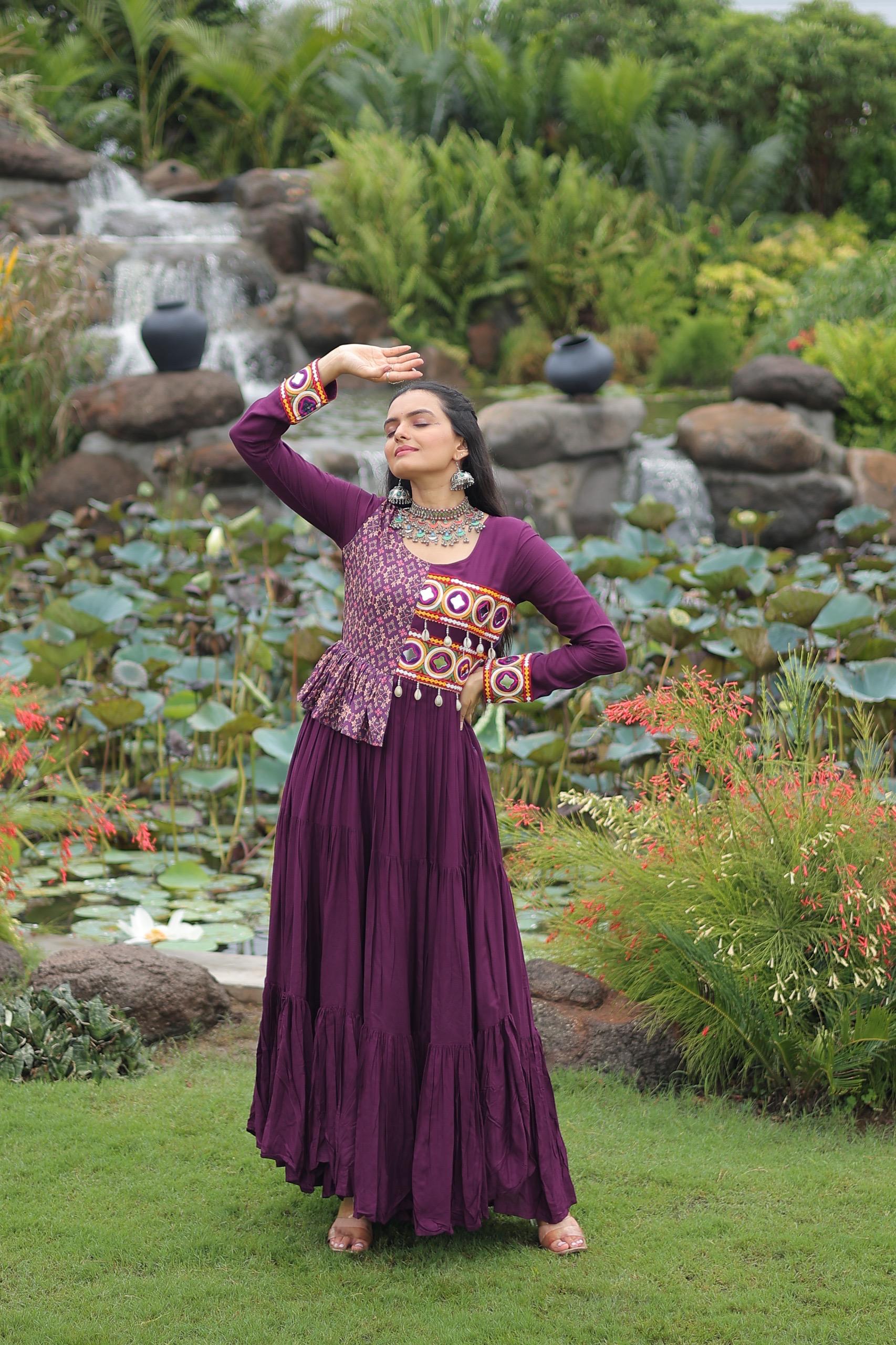 Wine Rayon Gown with Kutchi Gamthi and Cotton Print Work
