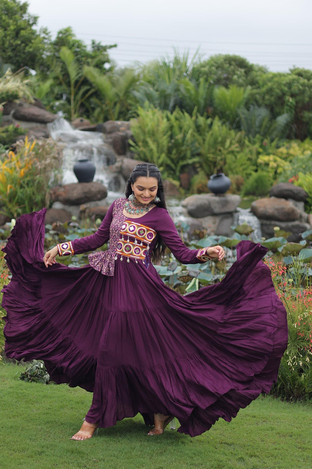 Wine Rayon Gown with Kutchi Gamthi and Cotton Print Work