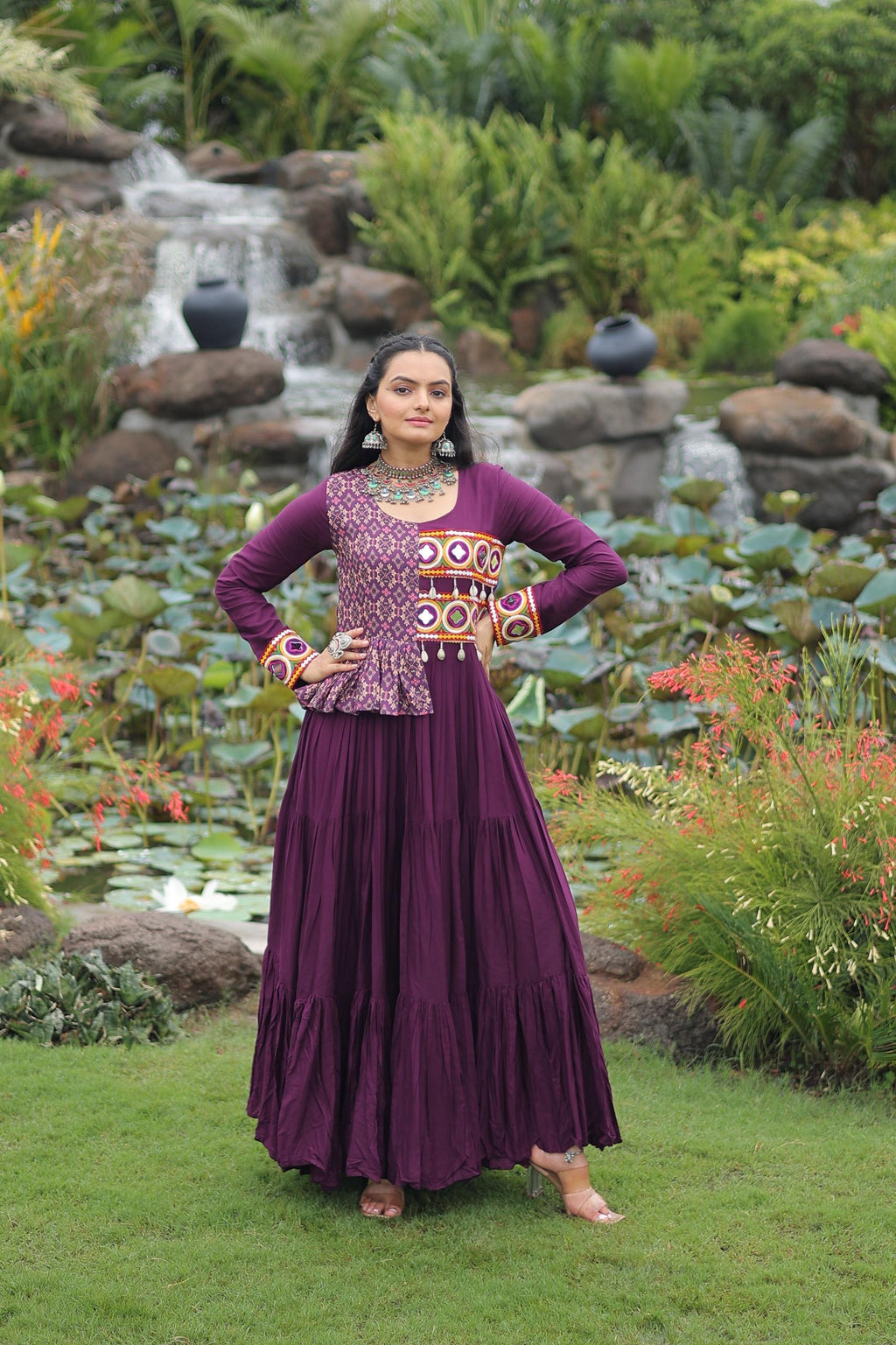 Wine colored Rayon gown with Kutchi Gamthi embroidery and cotton print