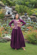 Wine colored Rayon gown with Kutchi Gamthi embroidery and cotton print