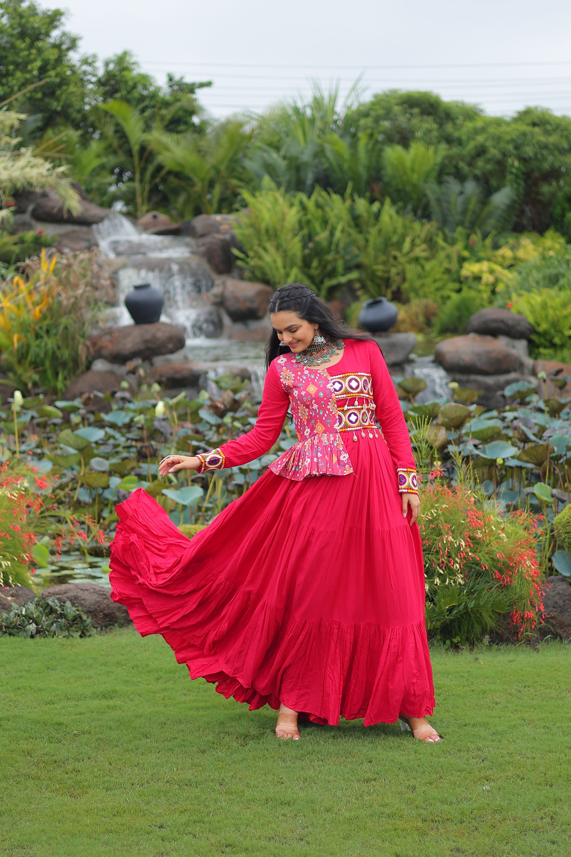 Pink Rayon Gown with Kutchi Gamthi Embroidery and Cotton Print